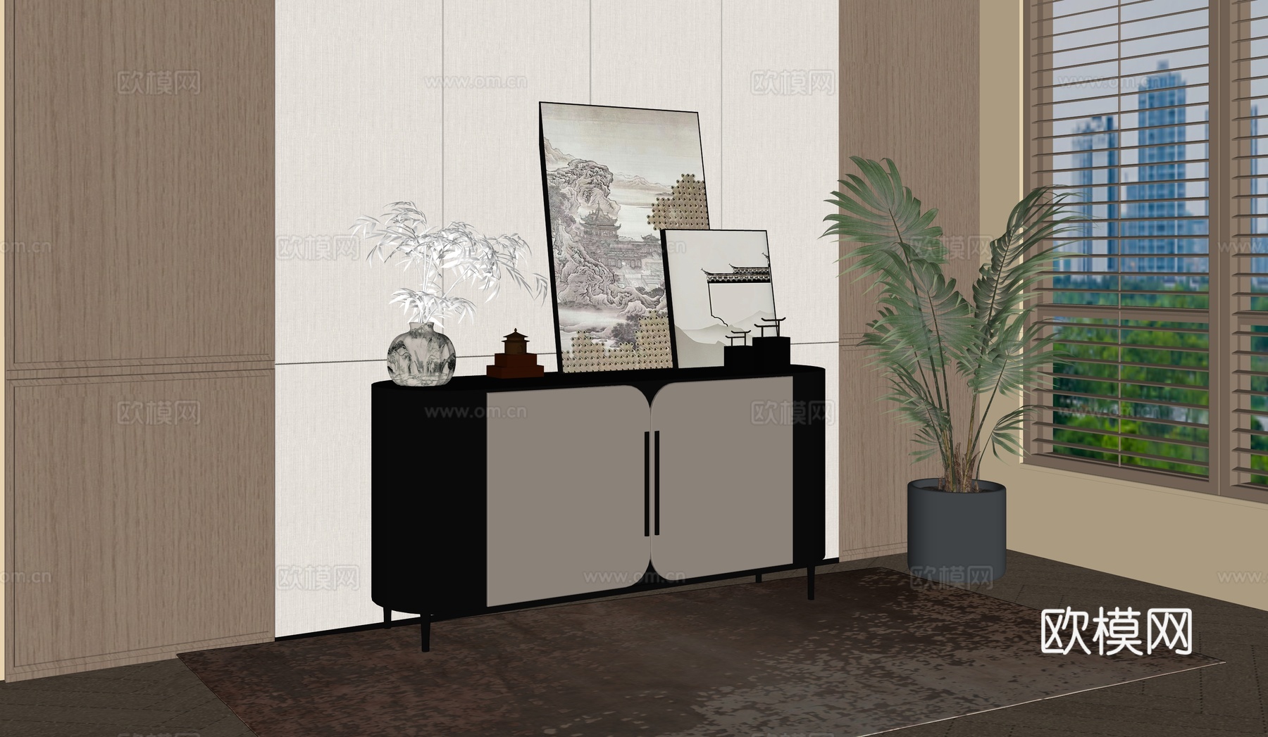 新中式现代玄关柜_端景柜_餐边柜_玄关柜_矮柜_装饰画su模型