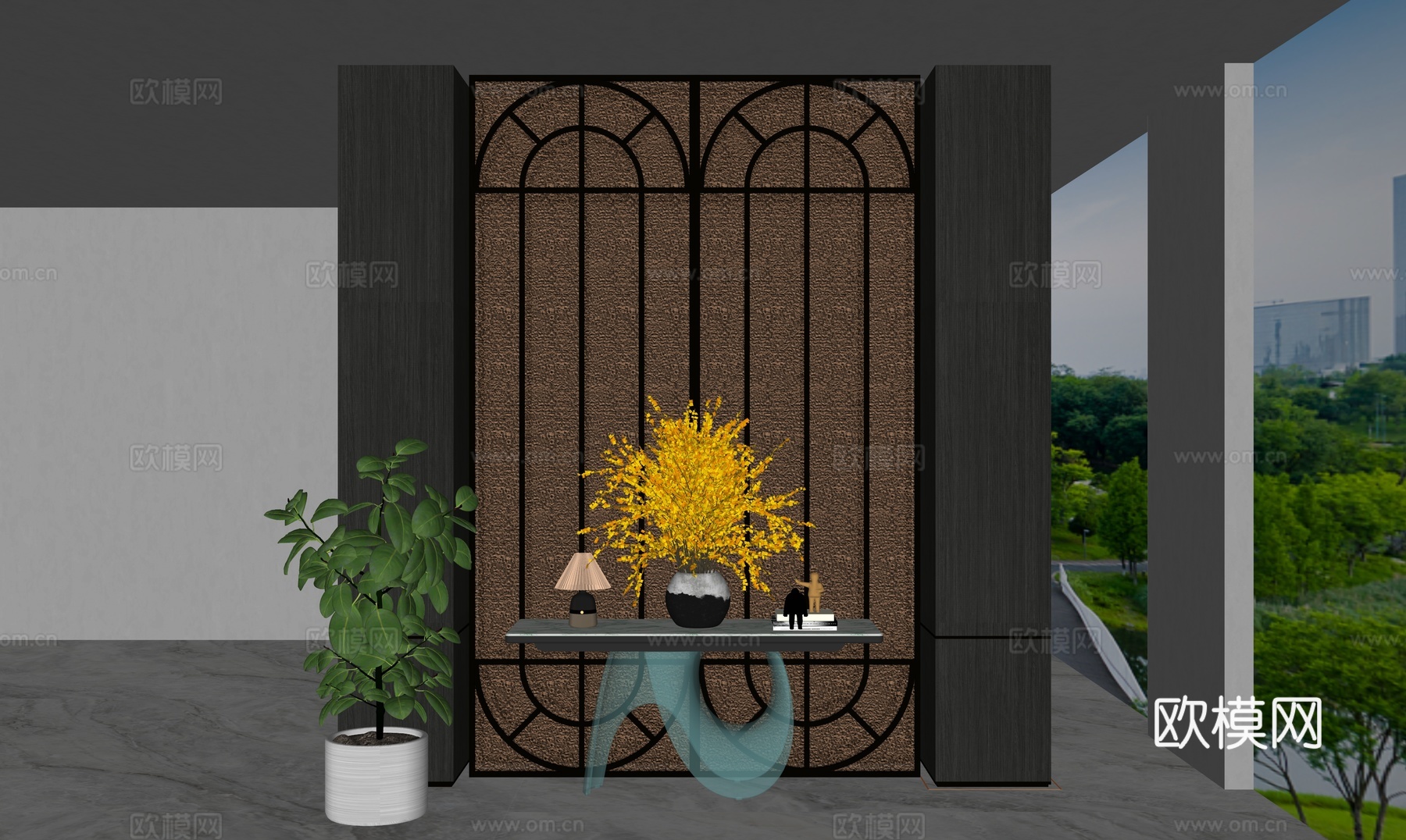 现代玄关柜_现代端景柜_花艺盆栽_大花瓶_端景玄关柜su模型