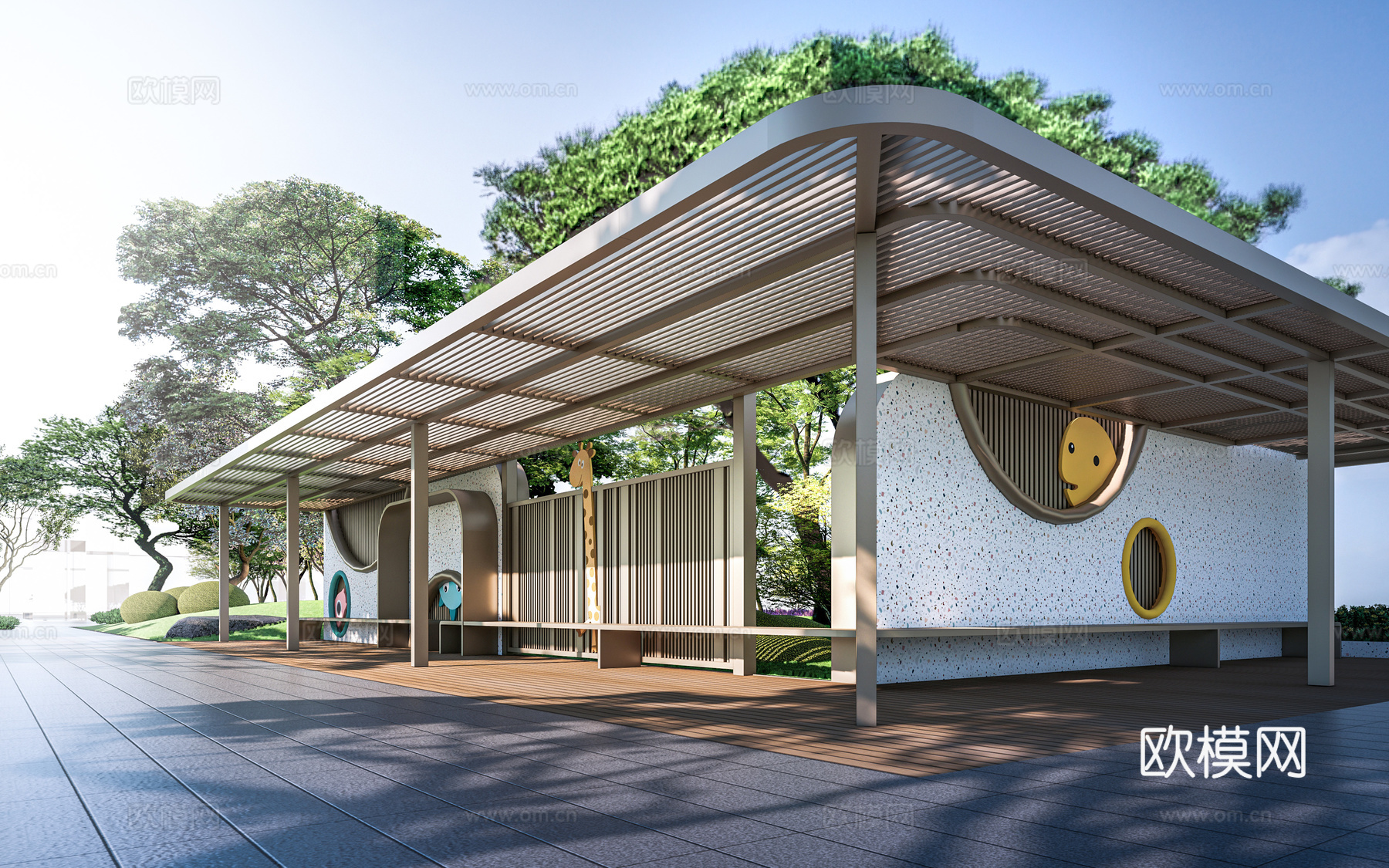 现代等候区廊架 休息区廊架 家长接送区廊架su模型