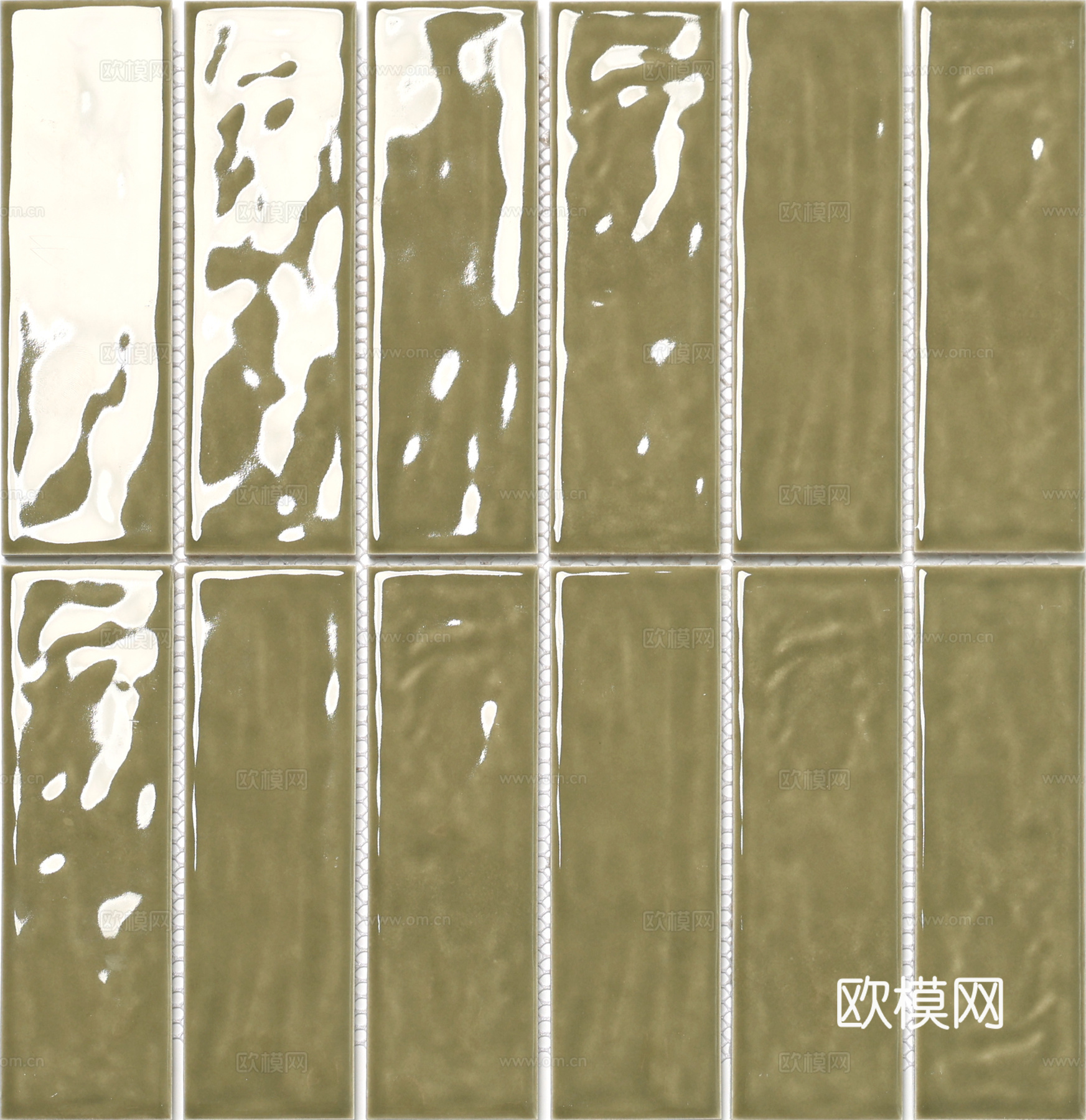 橄榄绿手工渐变釉面长条砖 马赛克 高清无缝瓷砖贴图