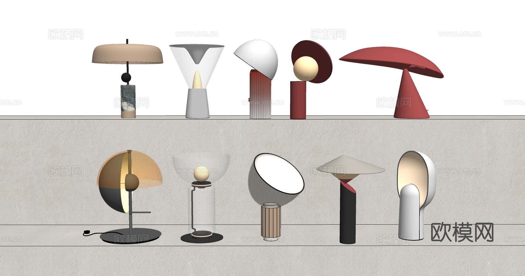 侘寂风红色蘑菇形台灯 复古造型 床头灯 大理石底座半球形台灯su模型下载（渲染图4）