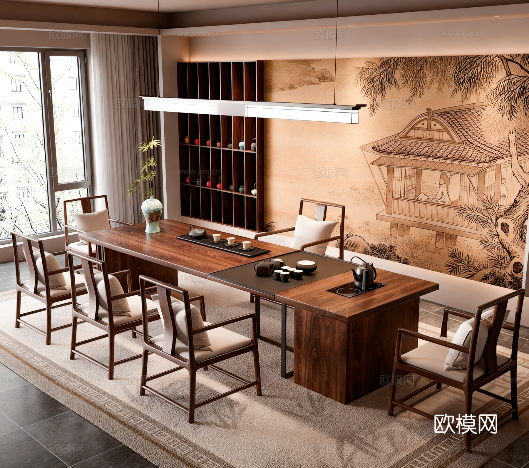 新中式茶室 茶桌组合 茶具3d模型下载