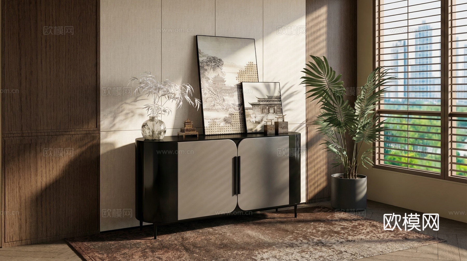 新中式现代玄关柜_端景柜_餐边柜_玄关柜_矮柜_装饰画su模型