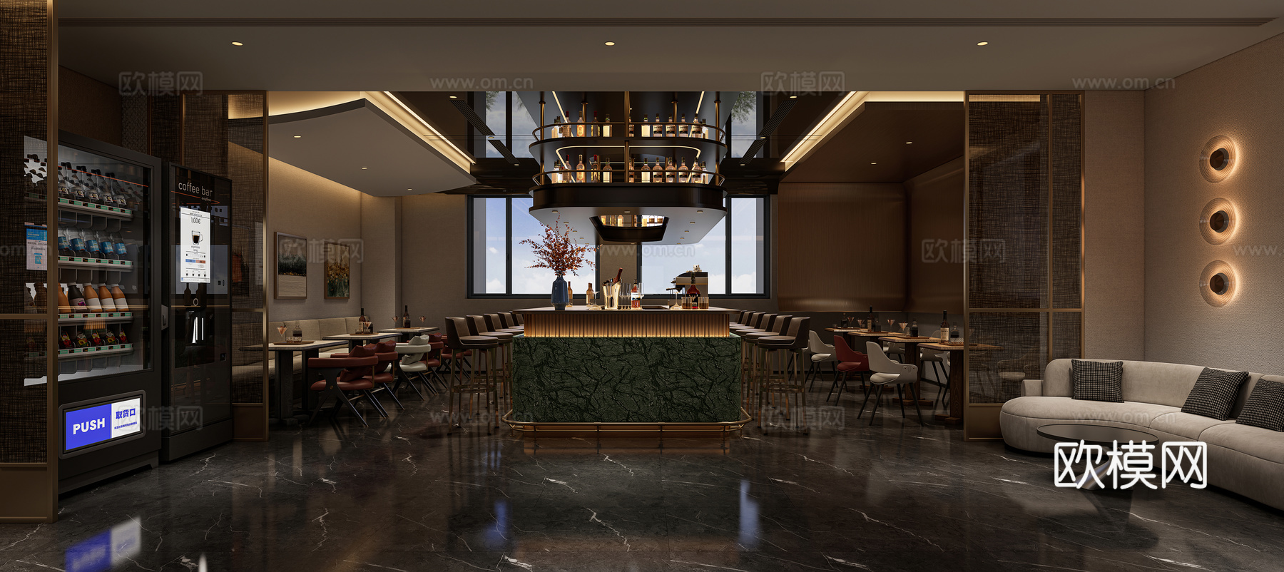 酒店休闲吧，现代休闲吧，吧台，酒瓶摆件，售卖机su模型