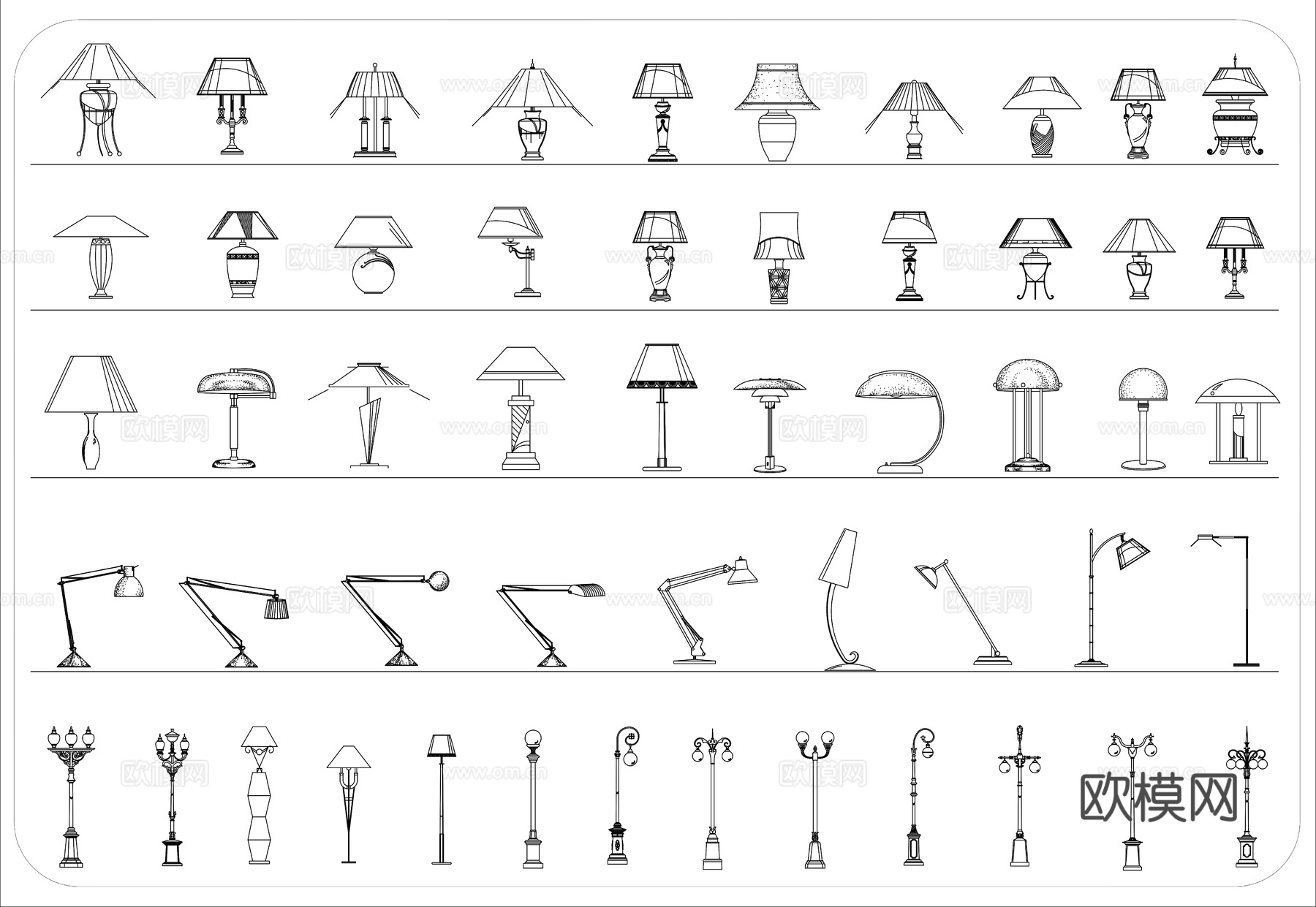 镜前灯 阅读灯 台灯  床头灯  落地灯 灯具组合cad施工图下载（渲染图2）