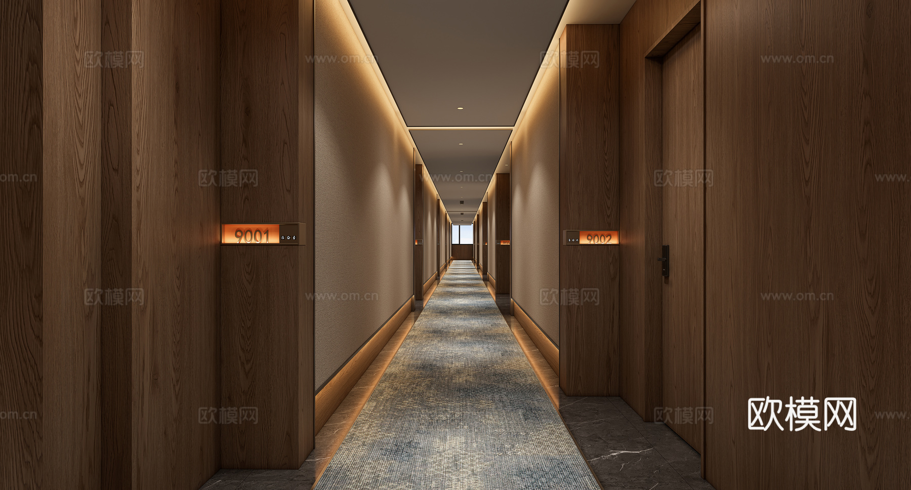 现代酒店走廊，酒店走廊，走廊，门牌su模型