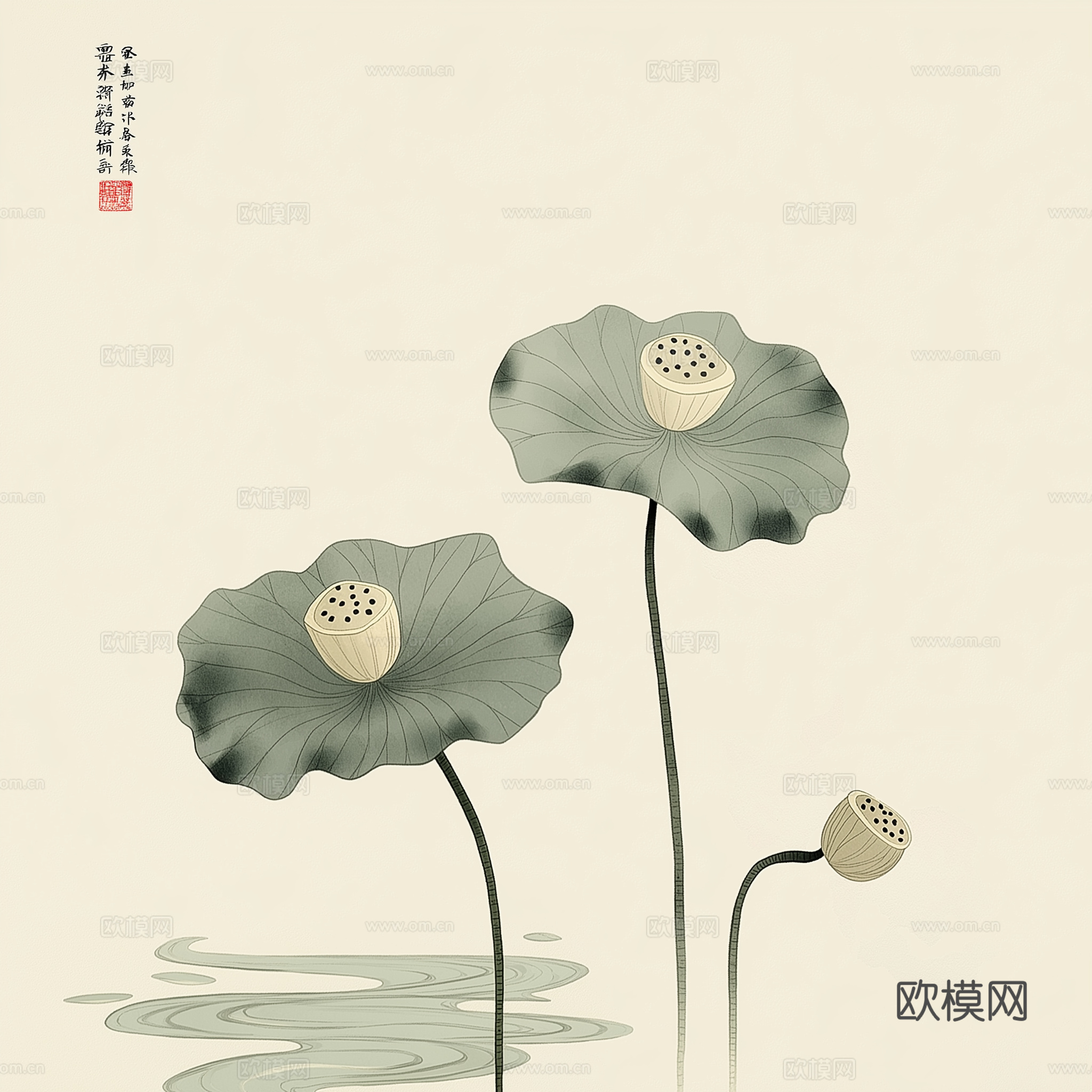 高清中式荷叶莲花水墨画下载