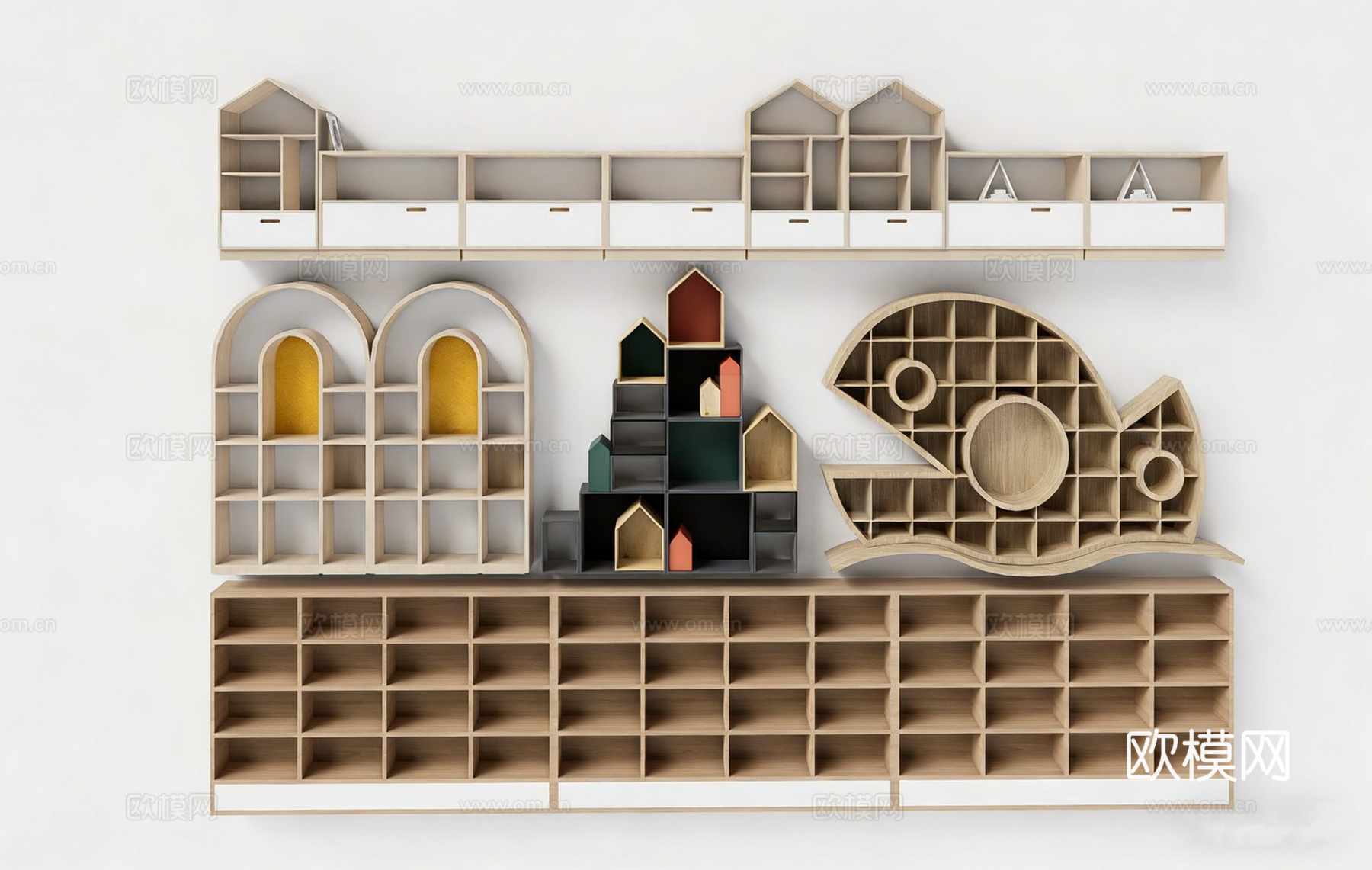 儿童房鱼形创意书架 壁挂式 镂空设计 趣味收纳 多格子收纳su模型