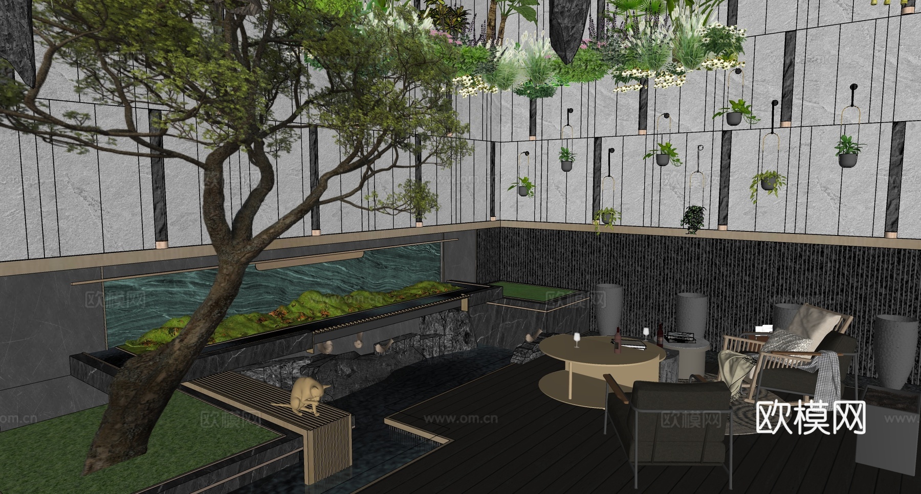 现代庭院花园 下沉花园景观 庭院景观su模型su模型