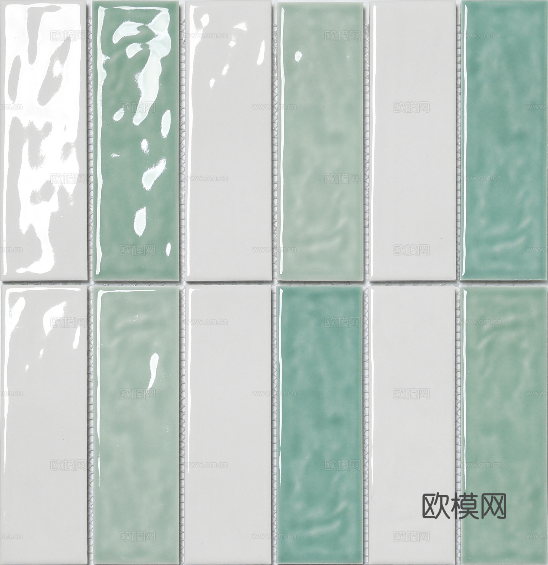 波浪纹白绿拼色长条马赛克 复古风墙面砖高清素材