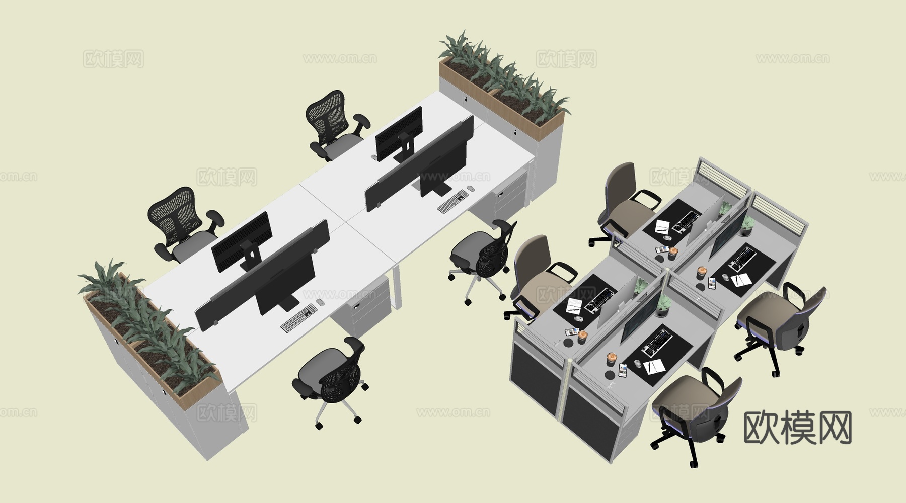 现代办公桌椅 工位桌椅 办公区桌椅su模型
