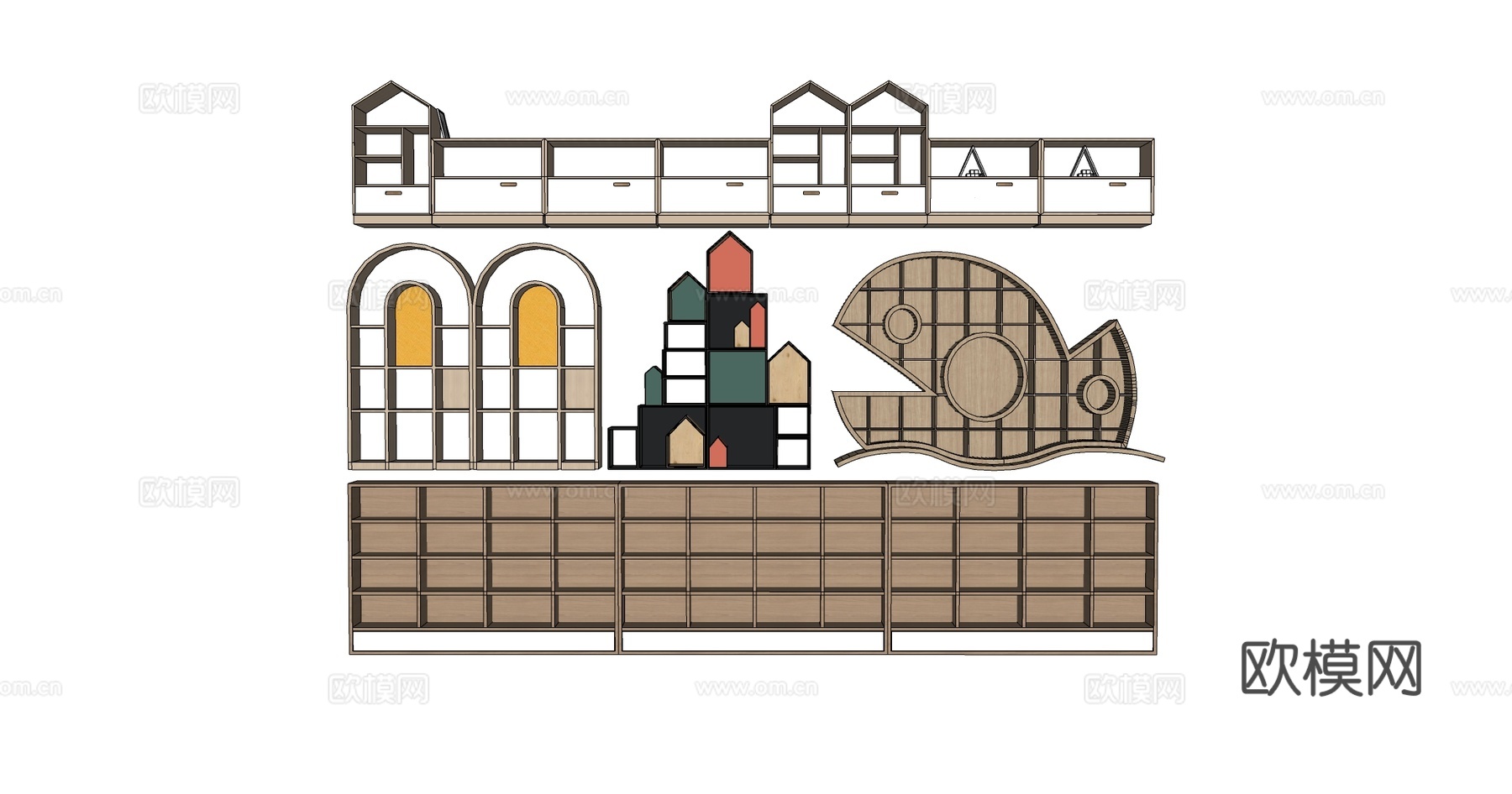 儿童房鱼形创意书架 壁挂式 镂空设计 趣味收纳 多格子收纳su模型