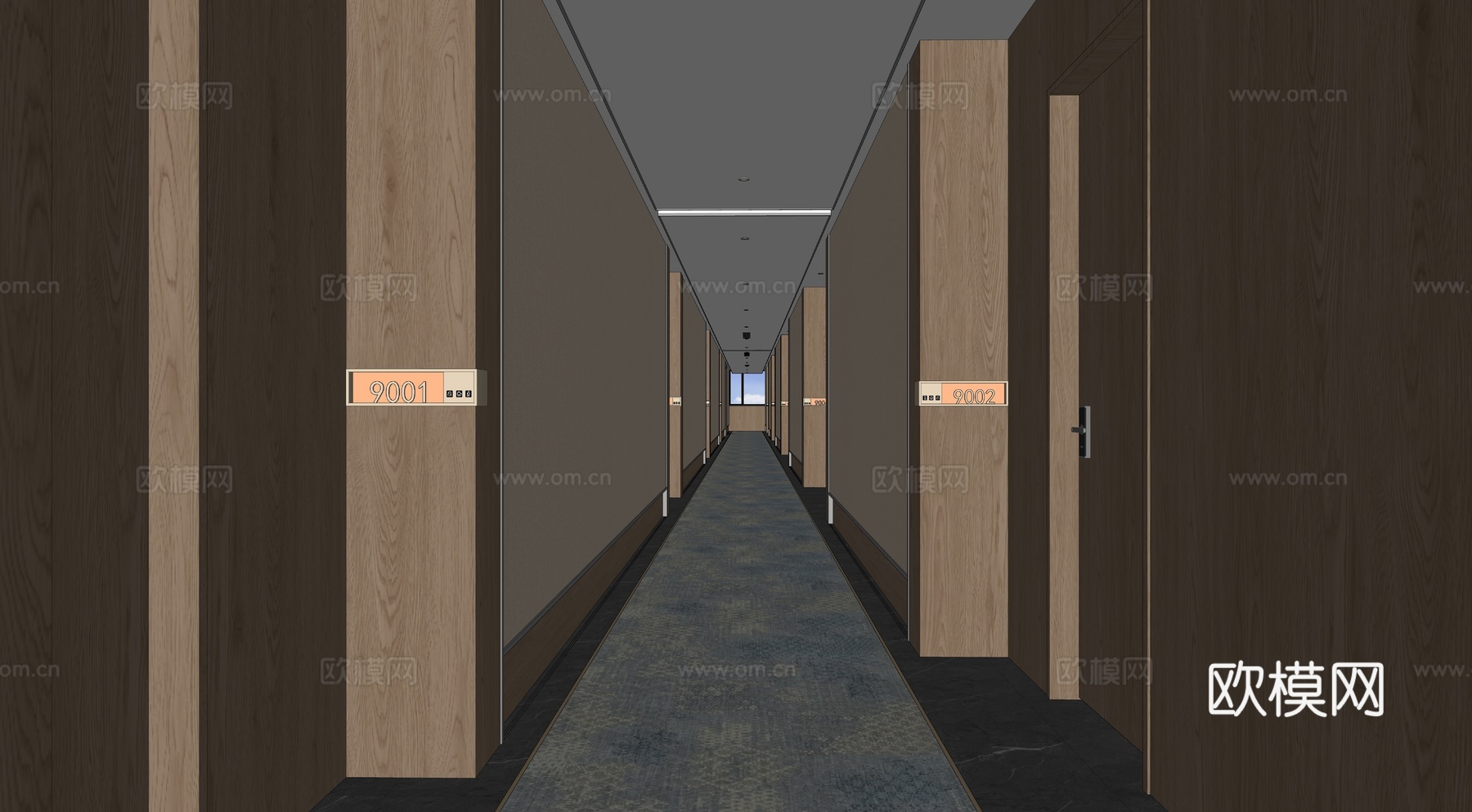 现代酒店走廊，酒店走廊，走廊，门牌su模型