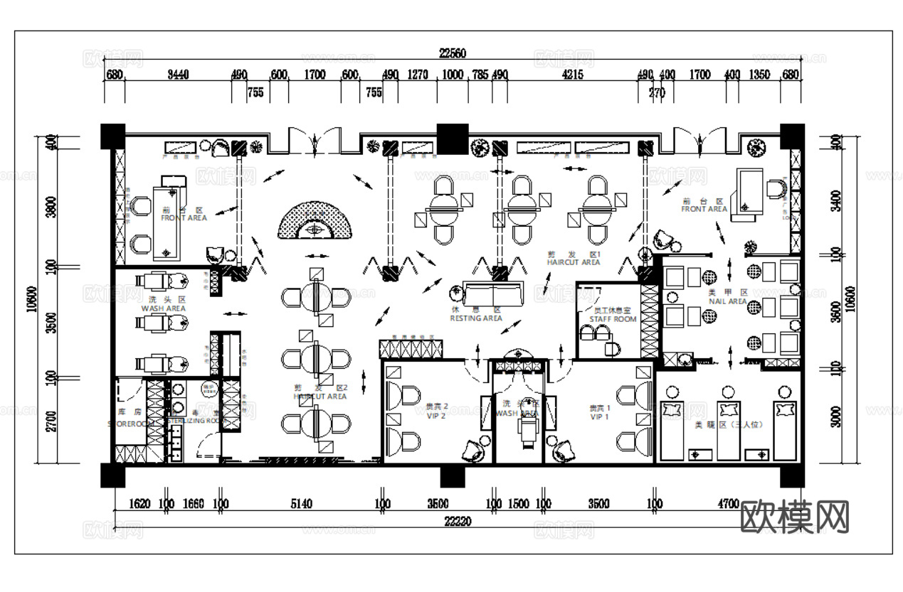 美发沙龙 理发店 美发店 美容美发 发廊 洗头房 美发沙龙cad施工图