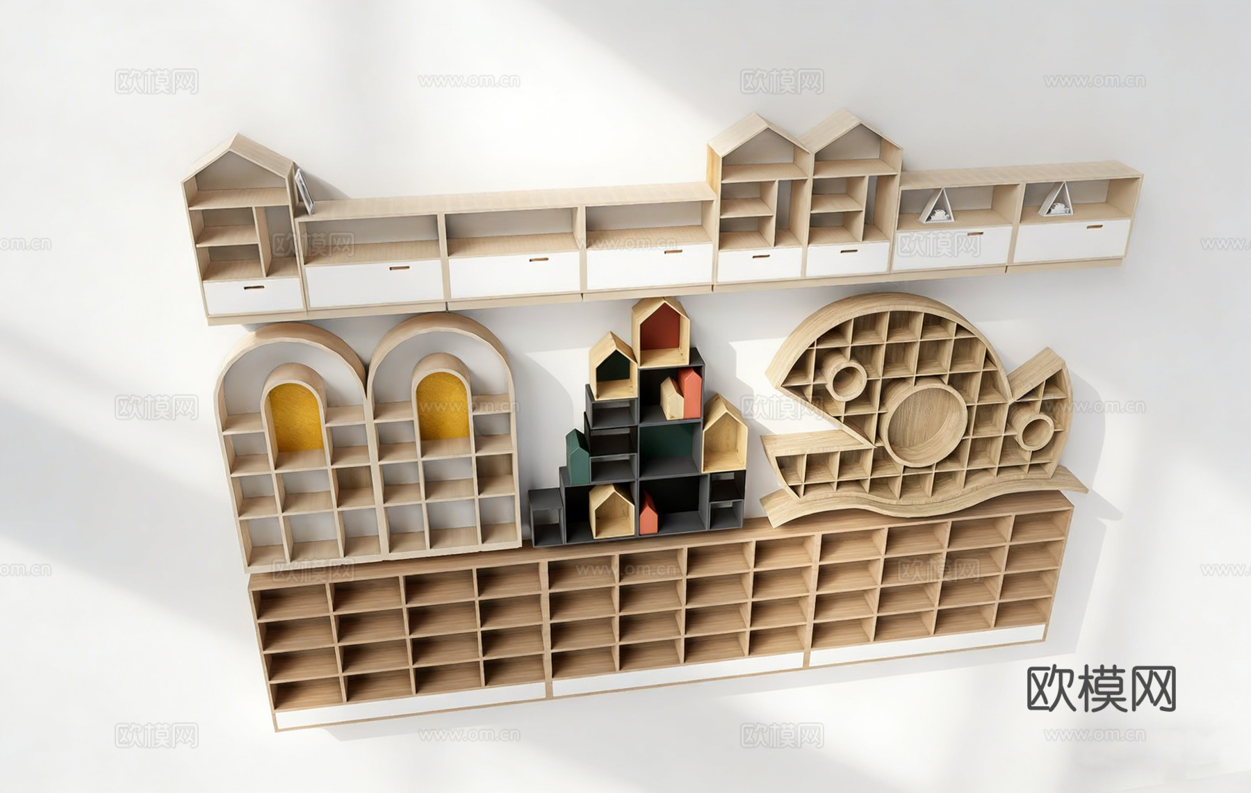 儿童房鱼形创意书架 壁挂式 镂空设计 趣味收纳 多格子收纳su模型