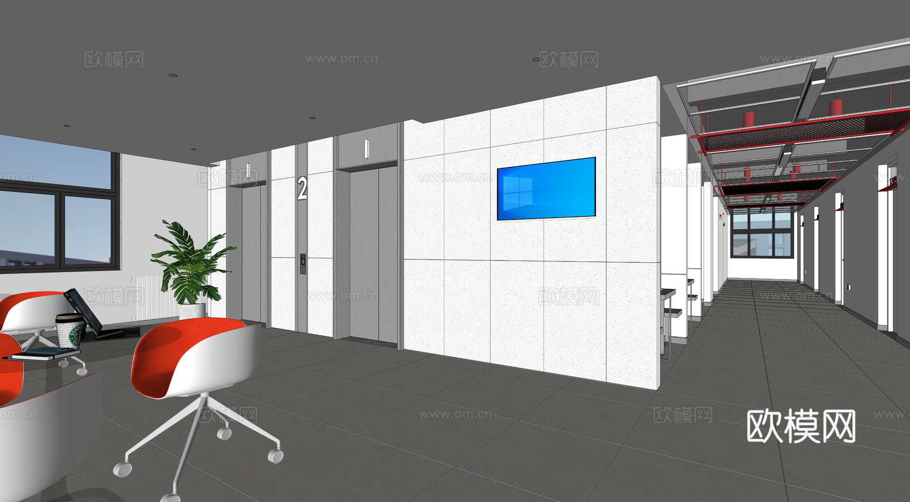 大堂，电梯厅，现代风格，走廊，宿舍楼su模型