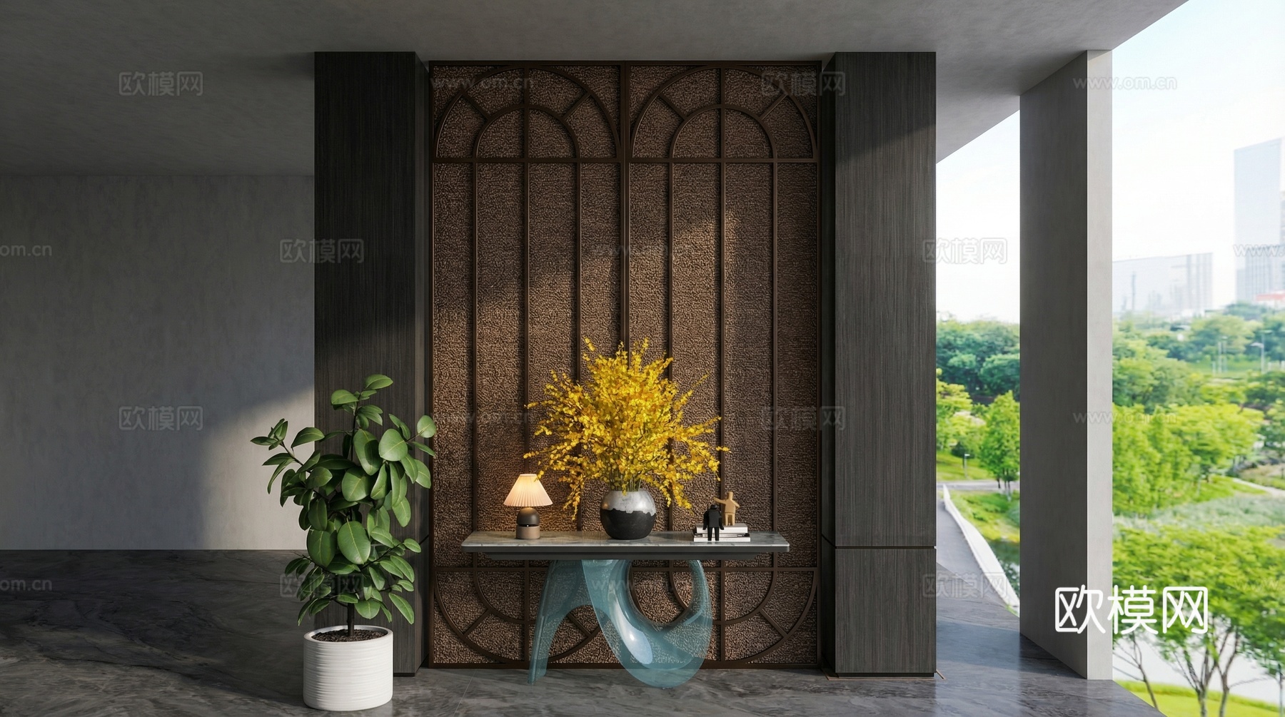 现代玄关柜_现代端景柜_花艺盆栽_大花瓶_端景玄关柜su模型