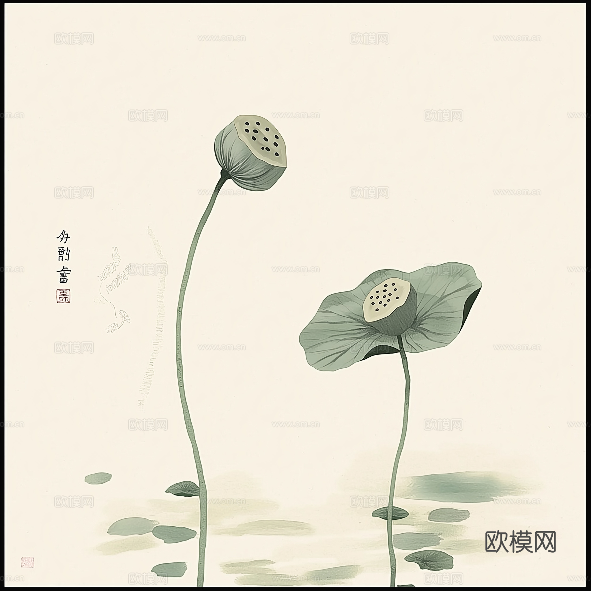 高清中式荷叶莲花水墨画下载