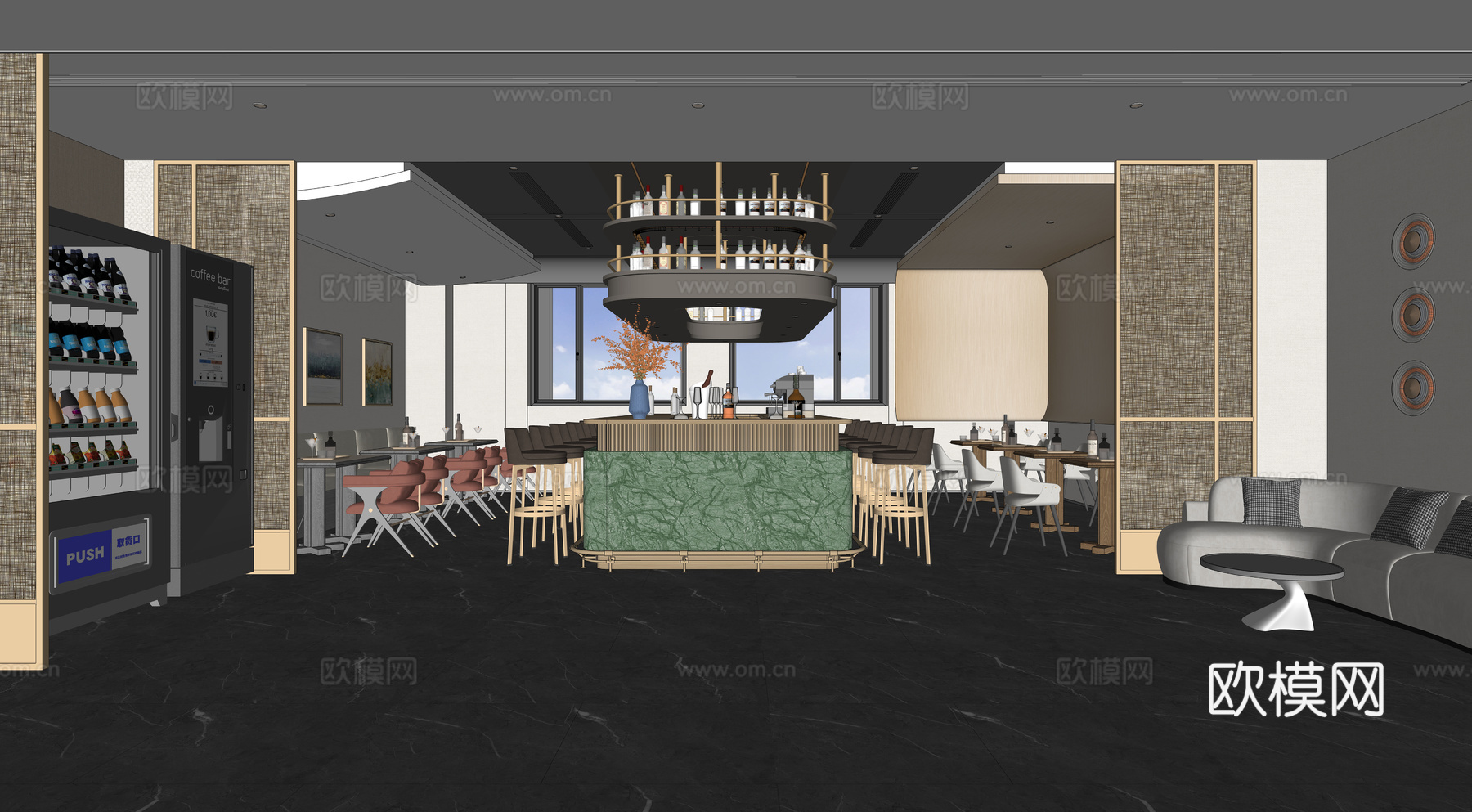 酒店休闲吧，现代休闲吧，吧台，酒瓶摆件，售卖机su模型