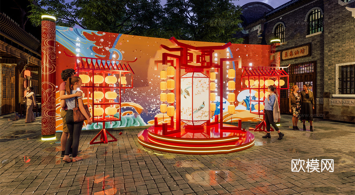 新中式中国风国潮灯笼猜灯谜美陈 卷轴su模型