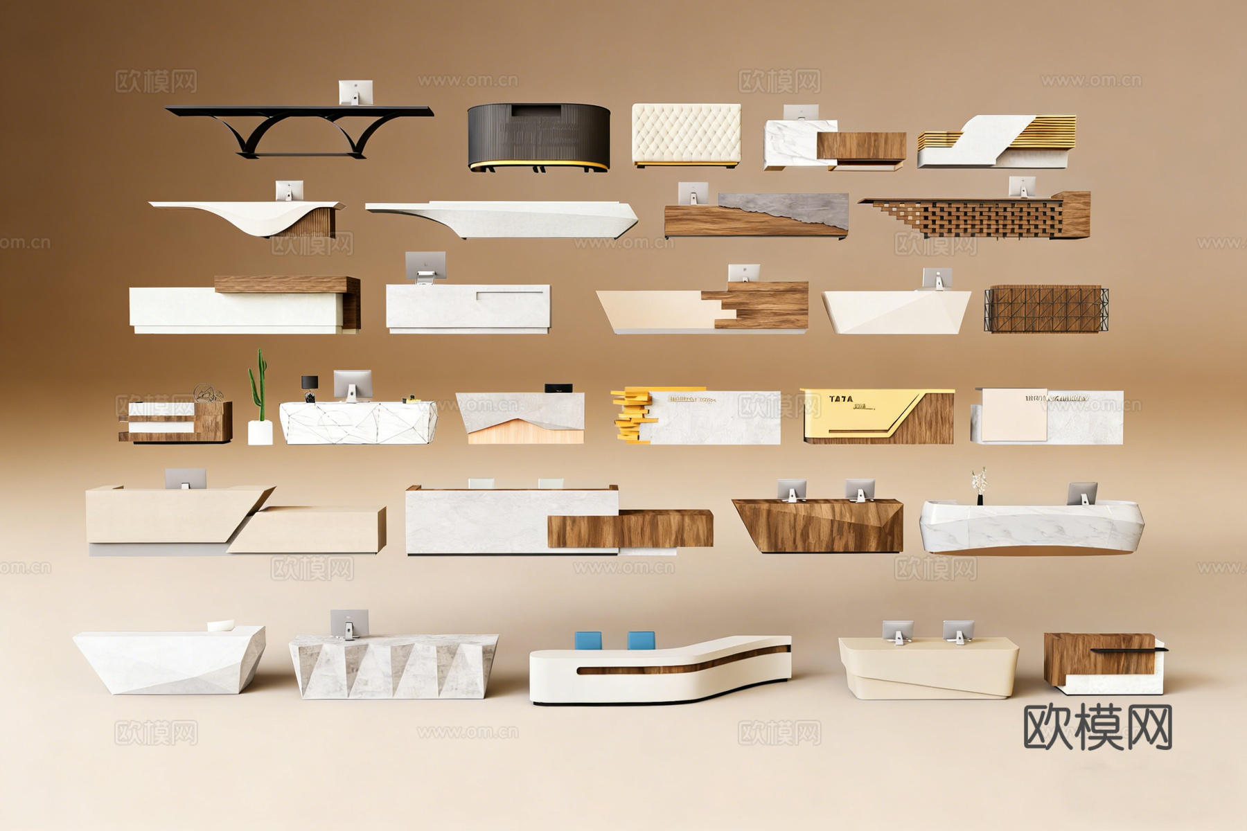 现代简约工装前台 带电脑接待台 大理石前台  木纹前台  弧su模型