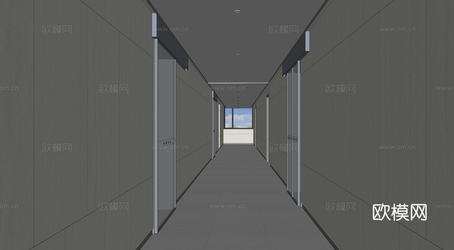 现代办公走廊，办公走廊，走廊，电动门su模型