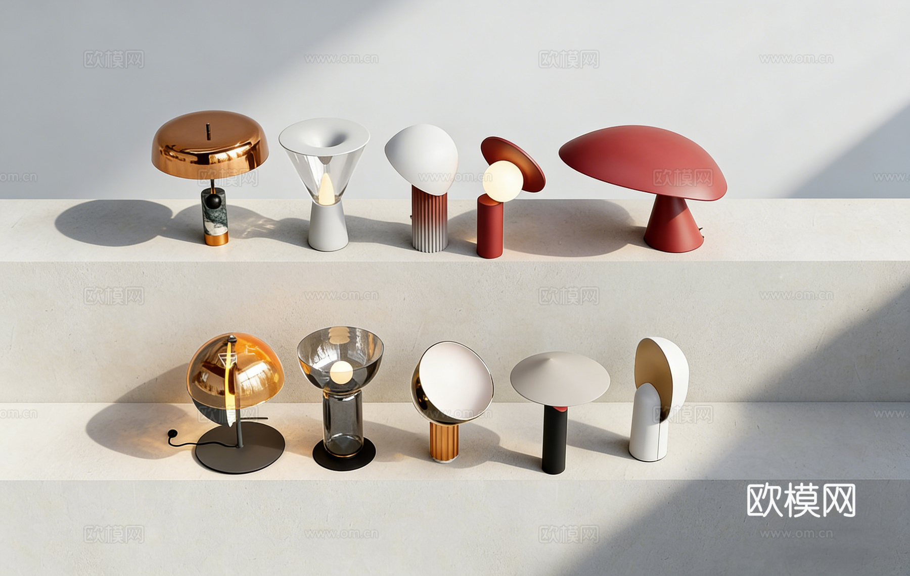侘寂风红色蘑菇形台灯 复古造型 床头灯 大理石底座半球形台灯su模型下载（渲染图2）