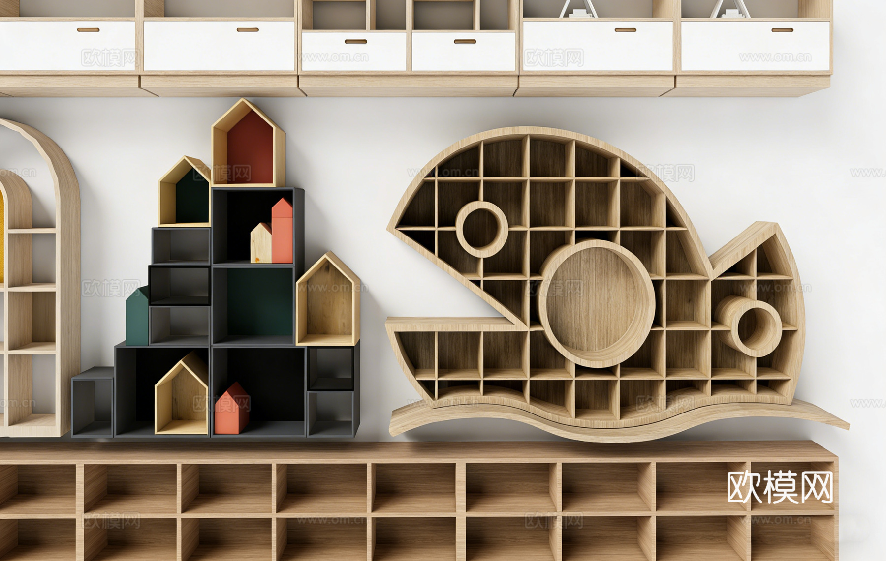 儿童房鱼形创意书架 壁挂式 镂空设计 趣味收纳 多格子收纳su模型