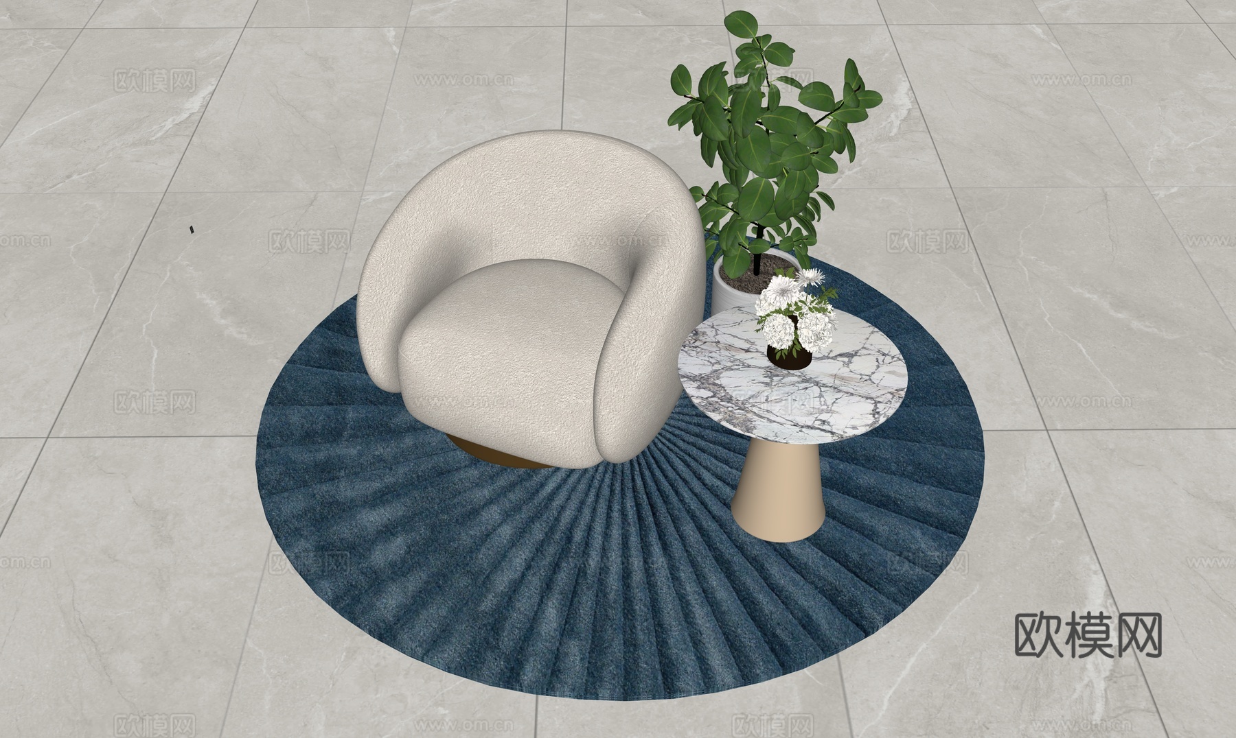 现代奶油单人沙发_米色单人沙发_奶油风单人沙发_羊羔绒_休闲su模型