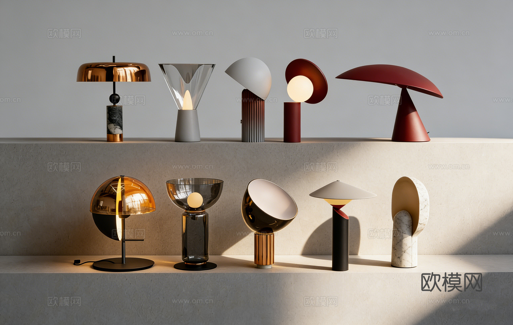 侘寂风红色蘑菇形台灯 复古造型 床头灯 大理石底座半球形台灯su模型下载（渲染图1）