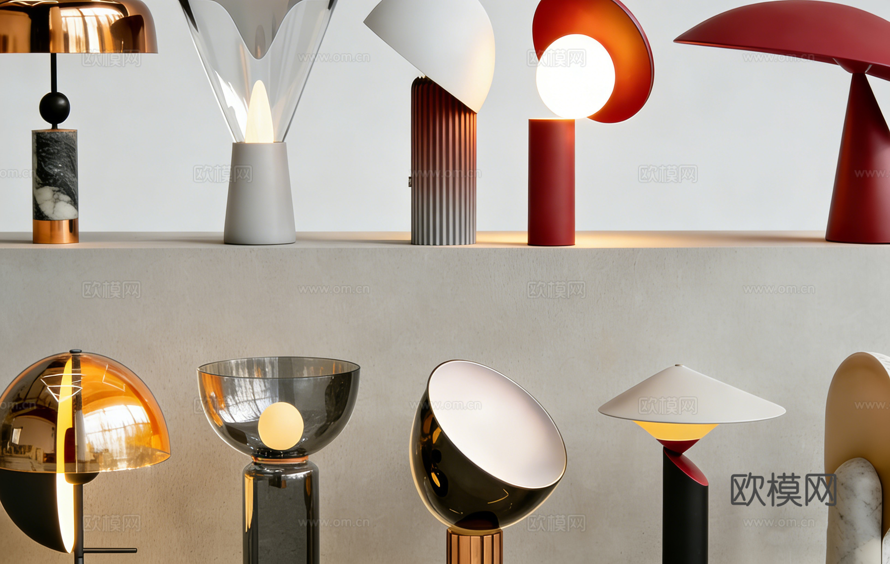 侘寂风红色蘑菇形台灯 复古造型 床头灯 大理石底座半球形台灯su模型下载（渲染图3）