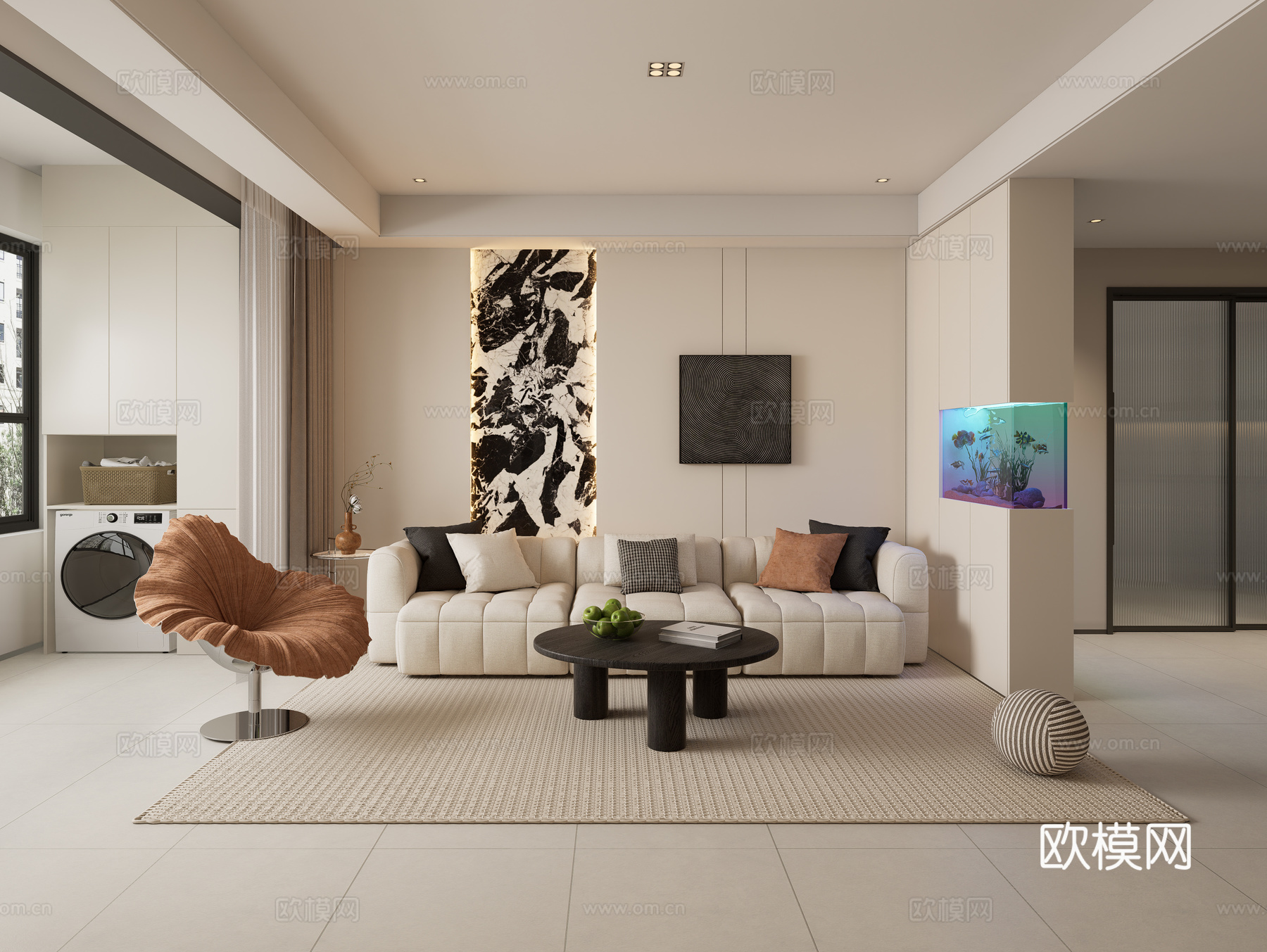 客餐厅，餐厅，客厅，奶油风，软装配饰su模型