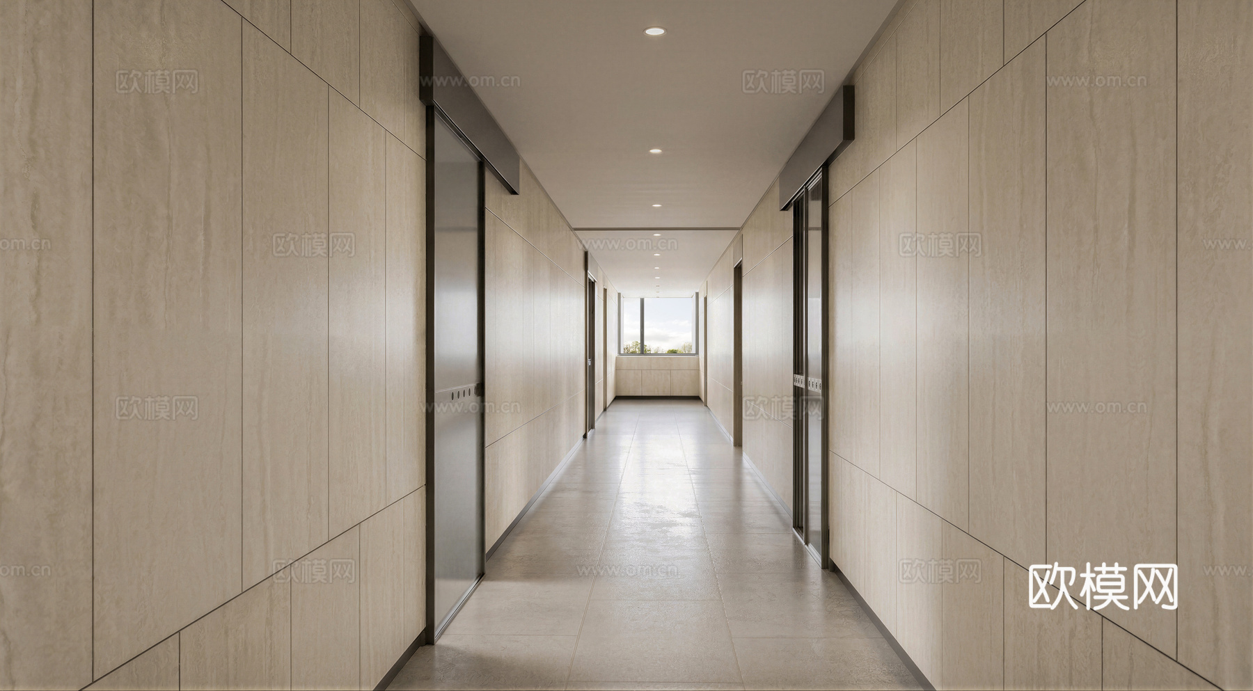现代办公走廊，办公走廊，走廊，电动门su模型