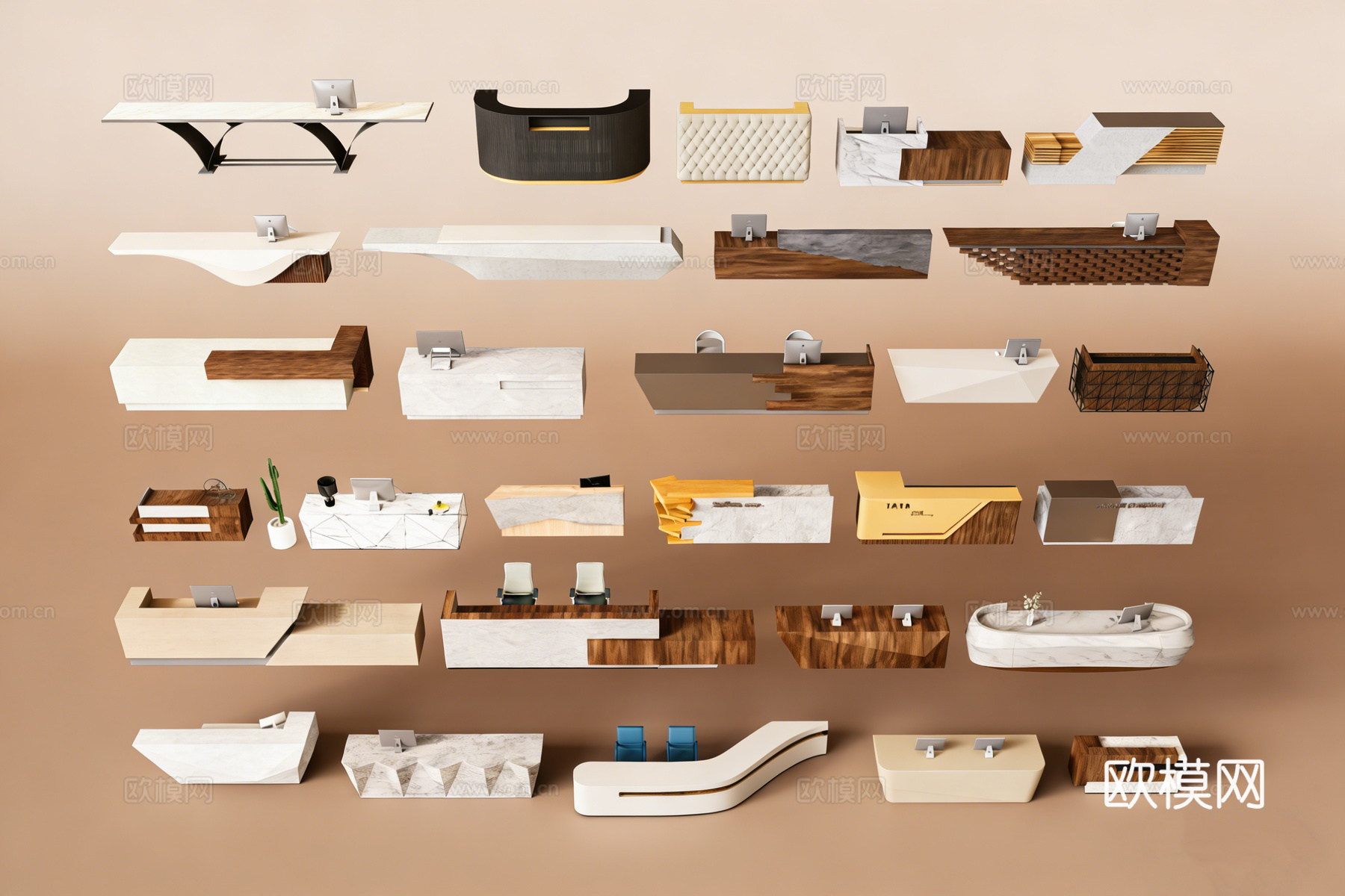 现代简约工装前台 带电脑接待台 大理石前台  木纹前台  弧su模型