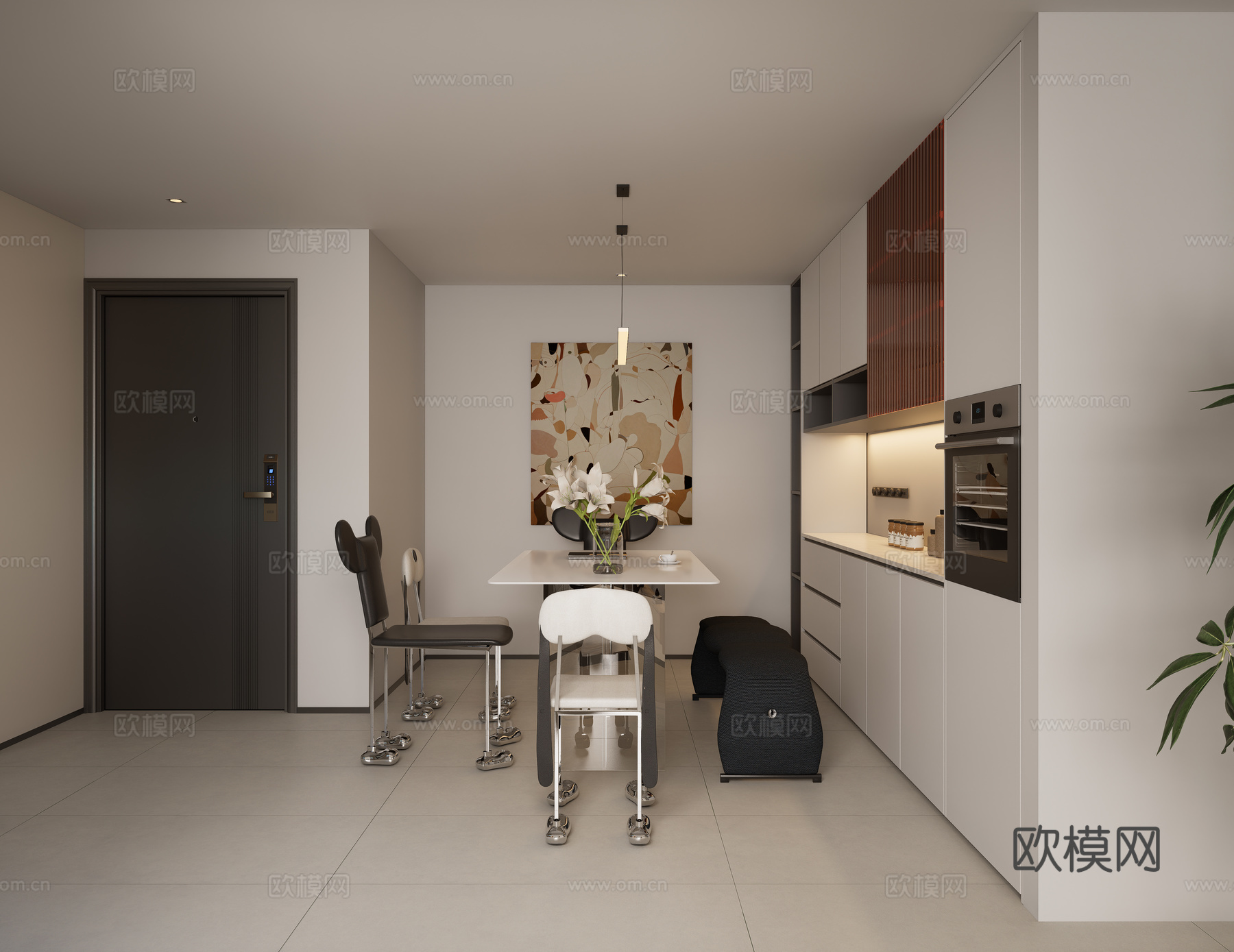 客餐厅，餐厅，客厅，奶油风，软装配饰su模型