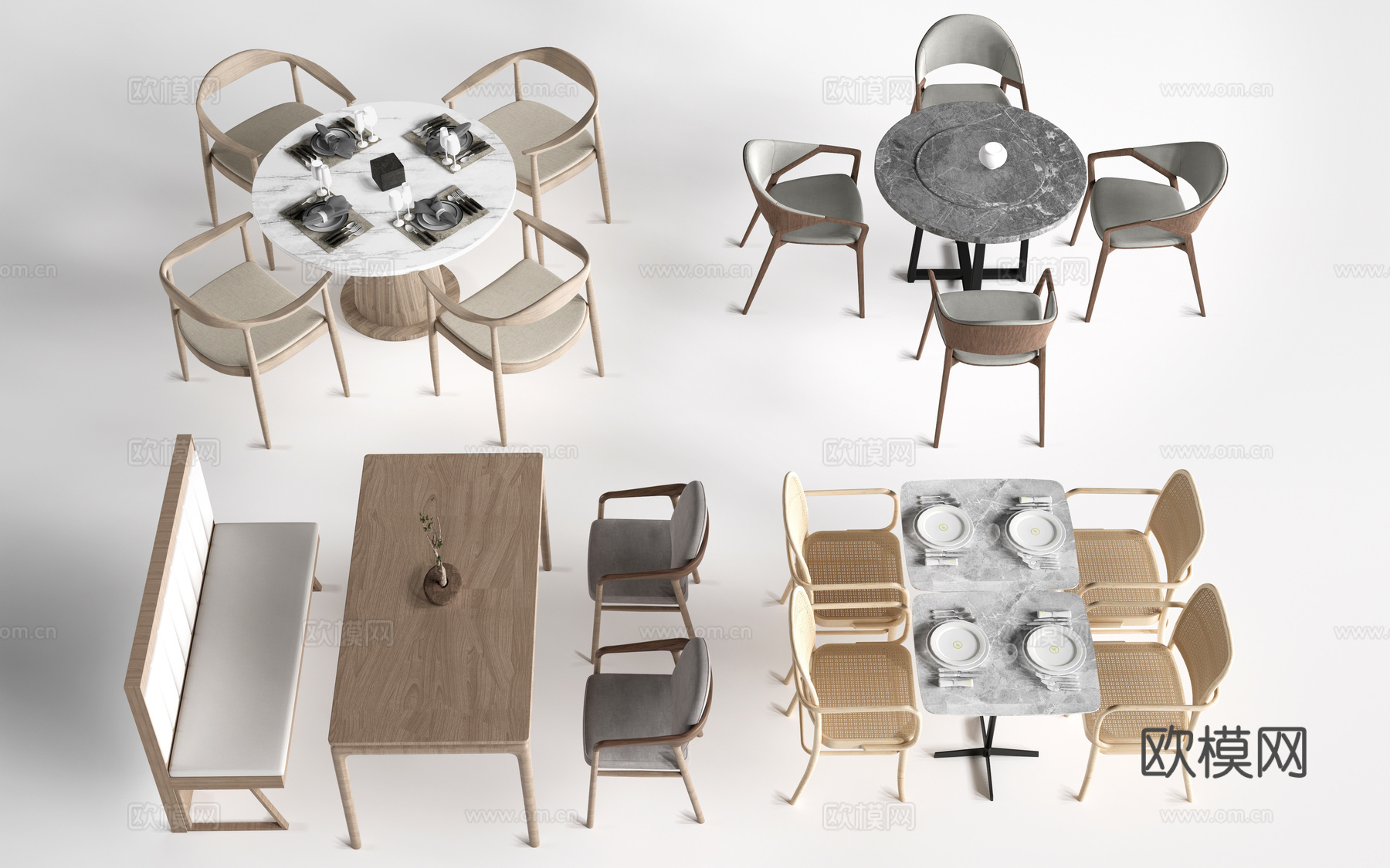现代餐饮桌椅 餐桌椅 圆形餐桌 卡座餐桌su模型