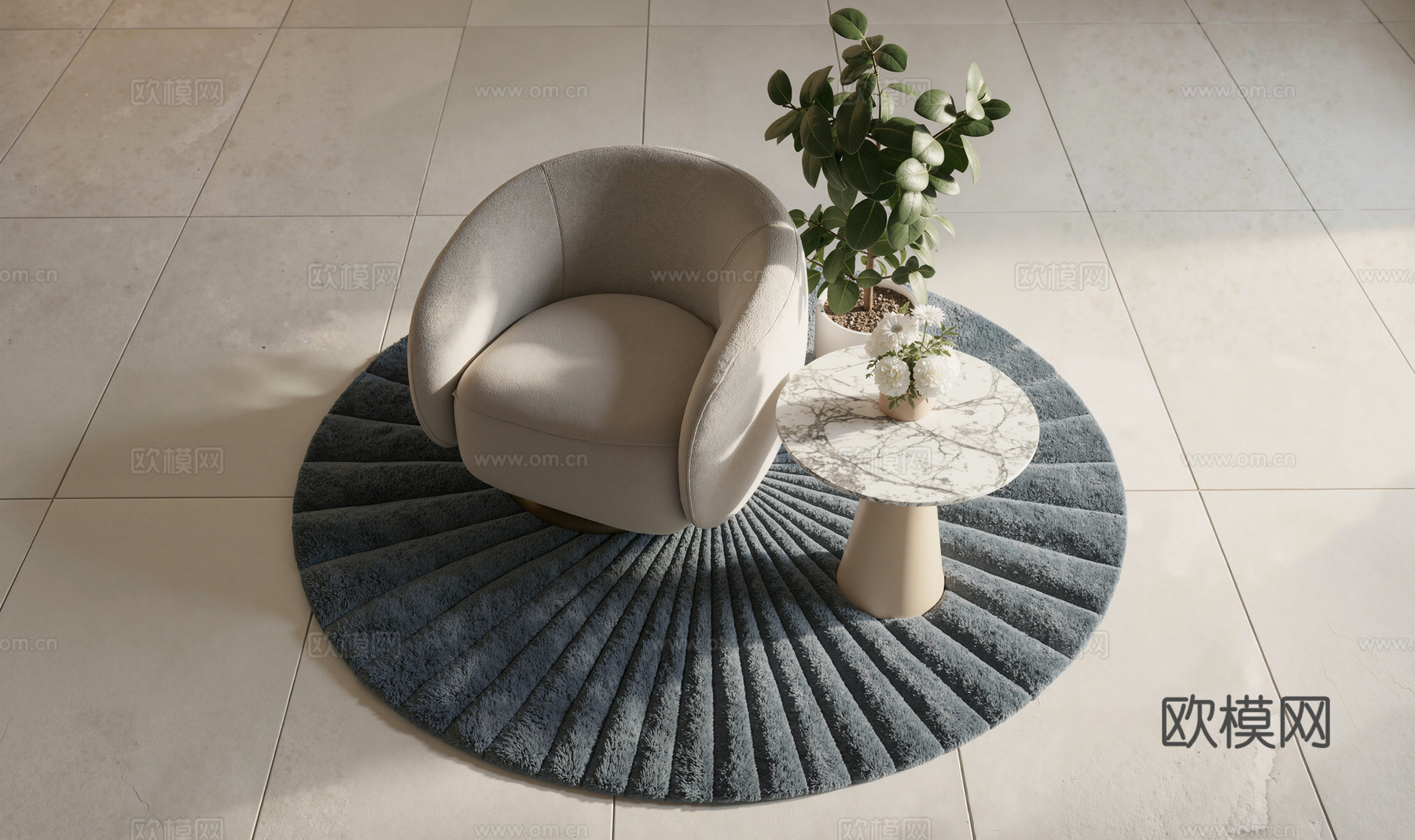 现代奶油单人沙发_米色单人沙发_奶油风单人沙发_羊羔绒_休闲su模型