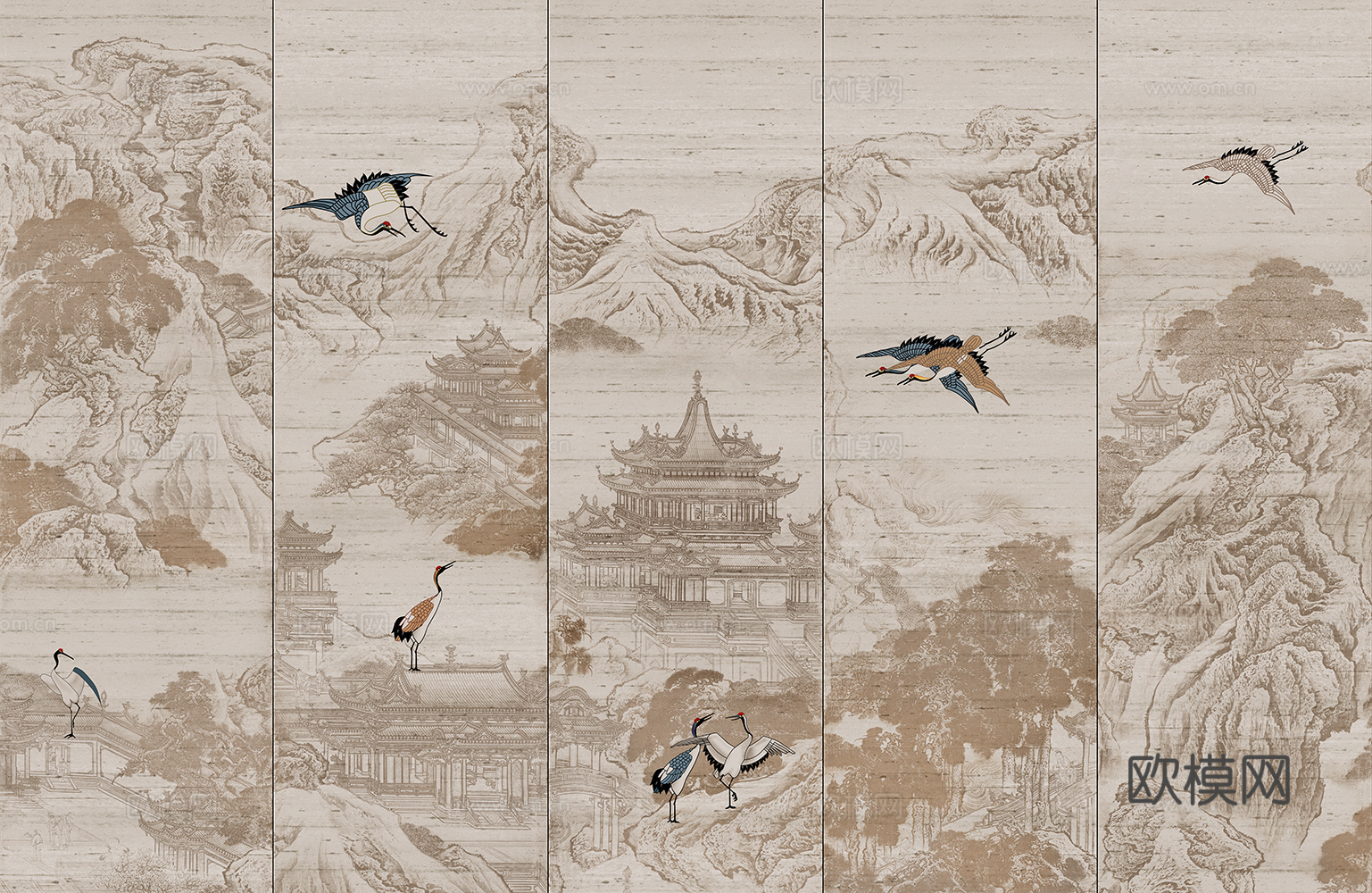 中式山水飞鹤壁画