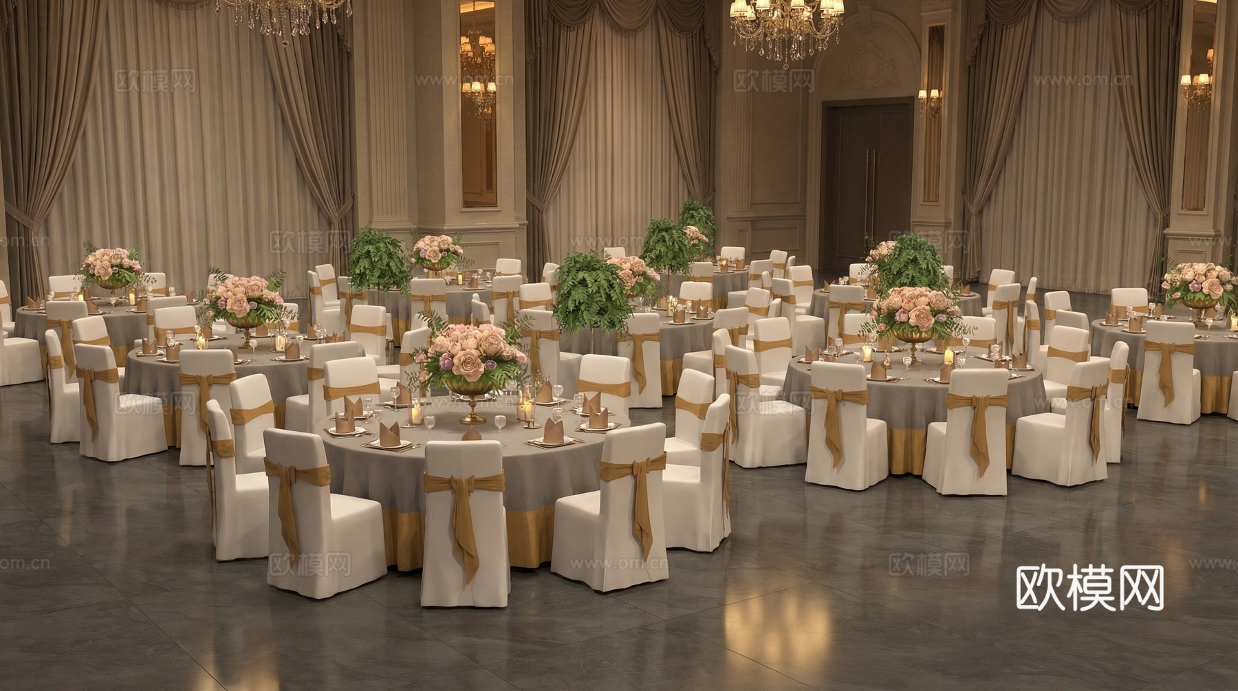 现代宴会厅_宴会桌椅组合_宴会厅圆桌_婚礼宴会厅_宴会桌椅_su模型