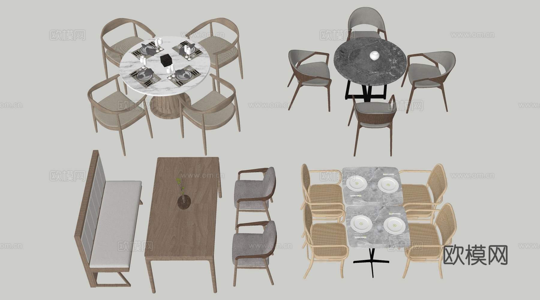 现代餐饮桌椅 餐桌椅 圆形餐桌 卡座餐桌su模型