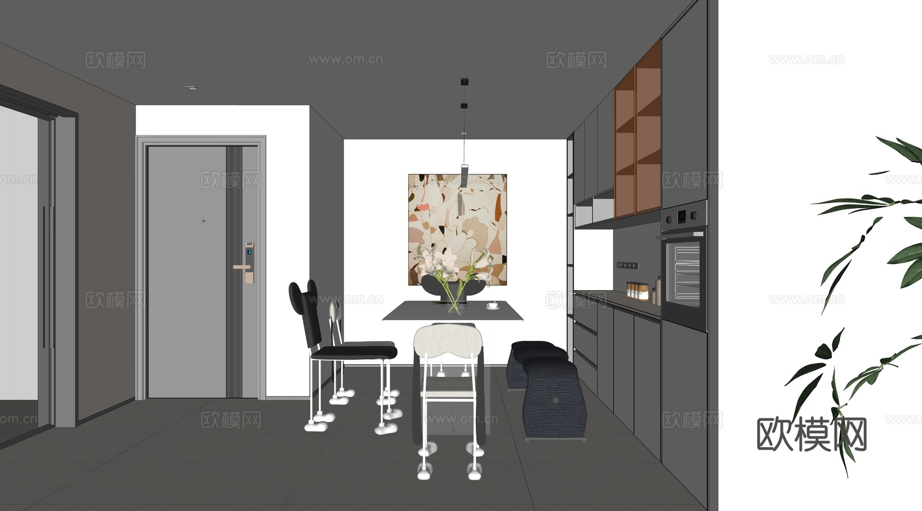 客餐厅，餐厅，客厅，奶油风，软装配饰su模型