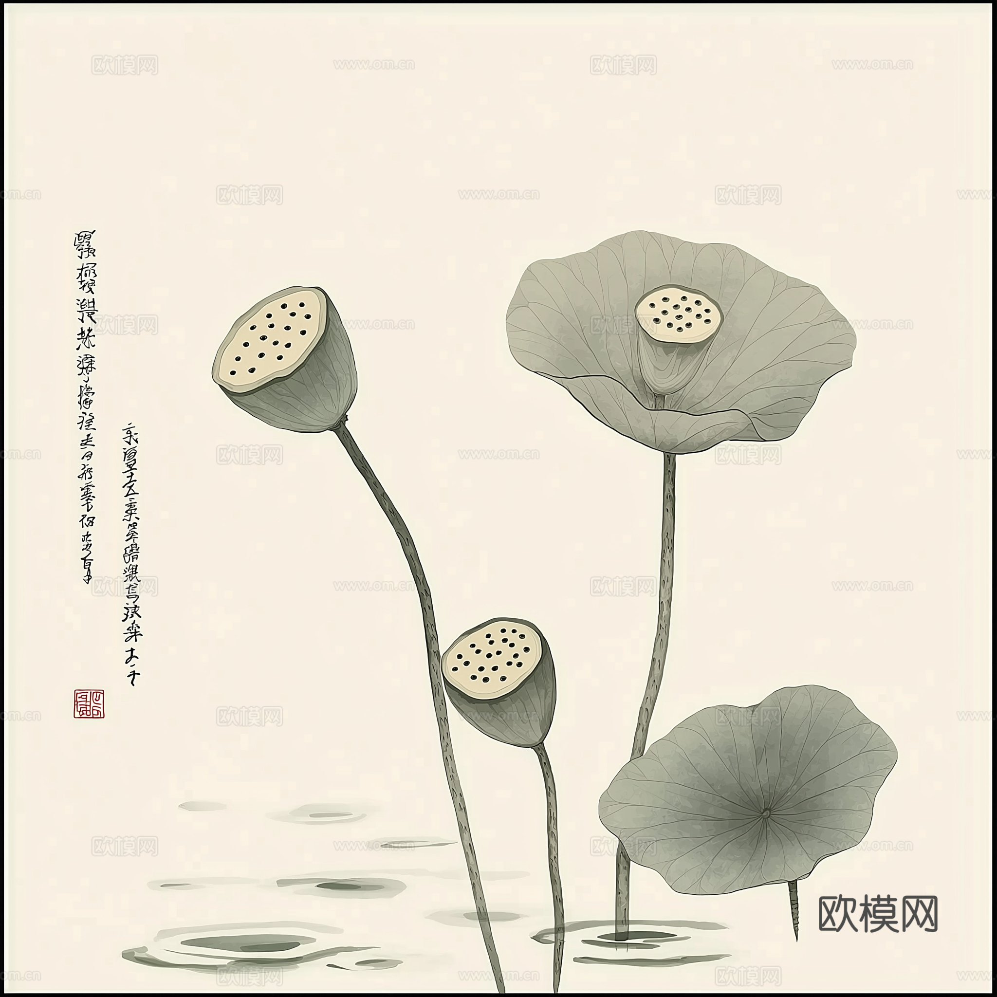 高清中式荷叶莲花水墨画下载