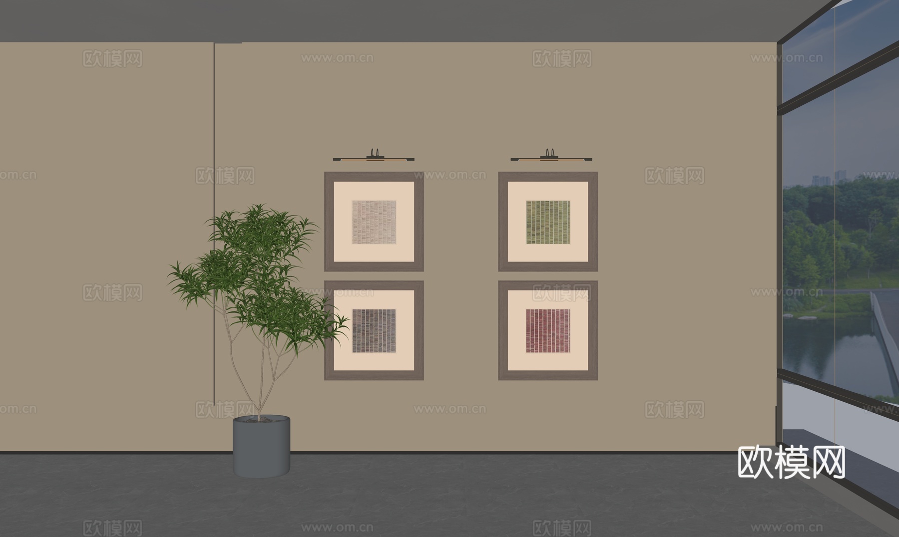 中古原木挂画组合_床头背景挂画组合_抽象挂画组合_油画组合_su模型