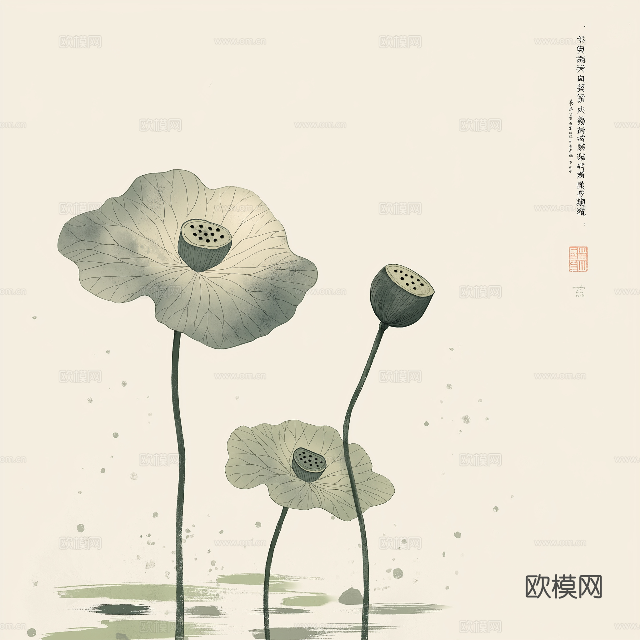 高清中式荷叶莲花水墨画下载