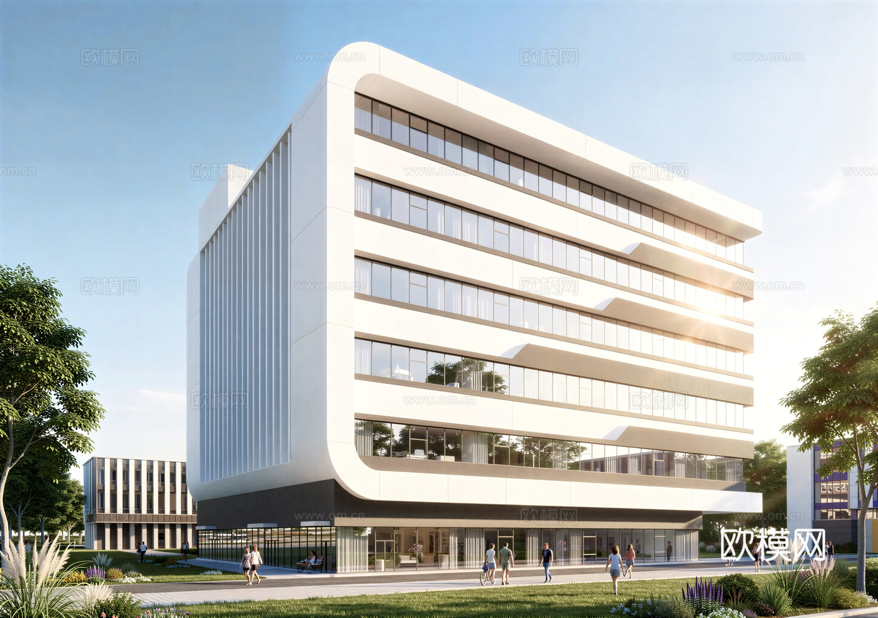 现代工业厂房 现代产业园 多层办公 厂房 产 产业园 办公楼su模型下载（渲染图1）