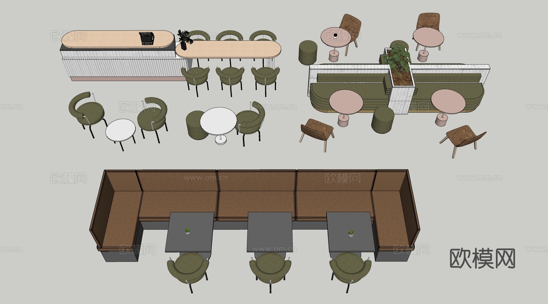 现代餐饮桌椅 餐饮卡座 餐饮吧台 咖啡厅桌椅su模型