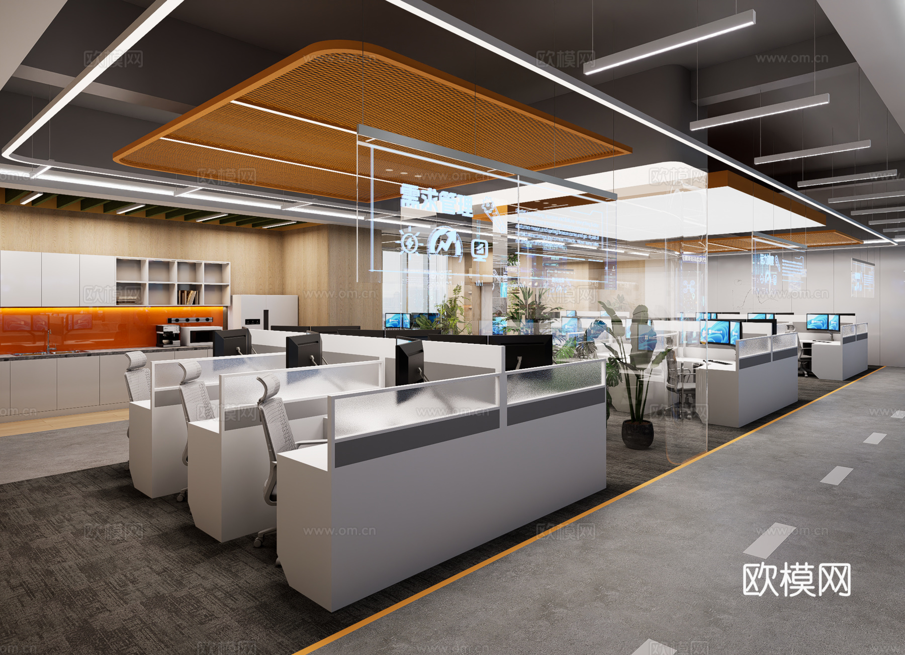 现代开敞办 公共办公区su模型