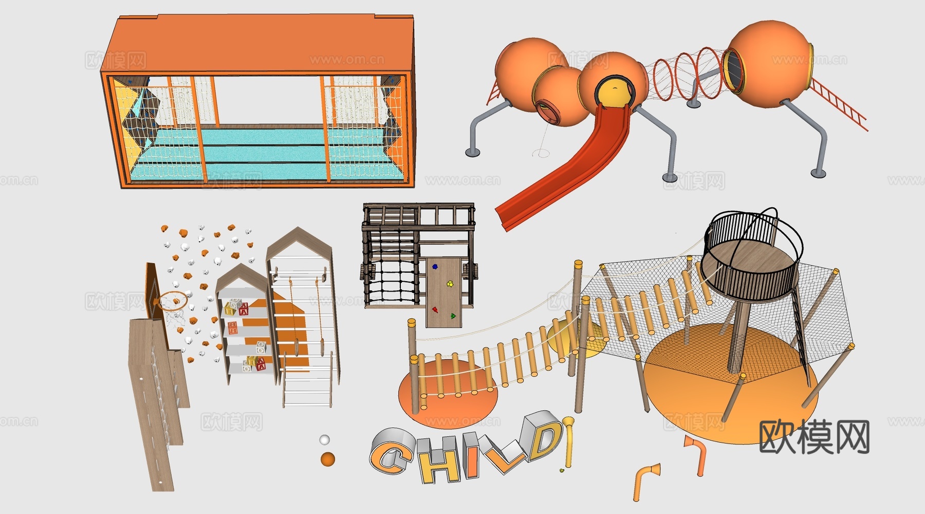 现代儿童游乐器材 户外攀爬架 儿童游乐设施su模型