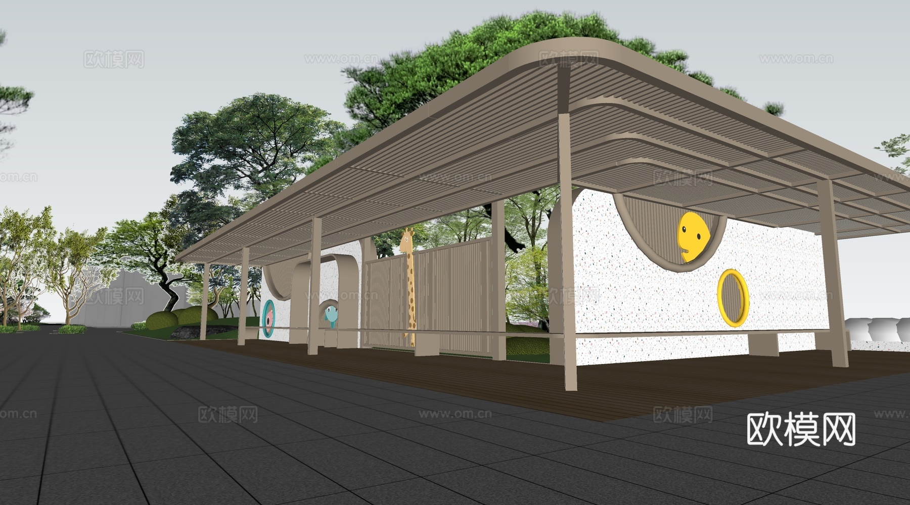 现代等候区廊架 休息区廊架 家长接送区廊架su模型