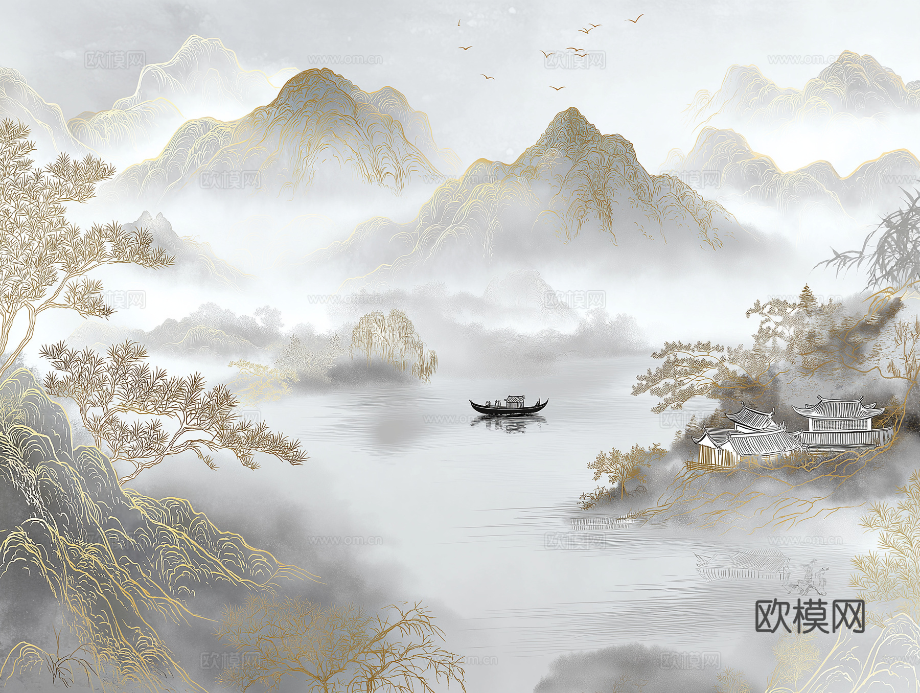 高清中式壁画软包墙布贴图